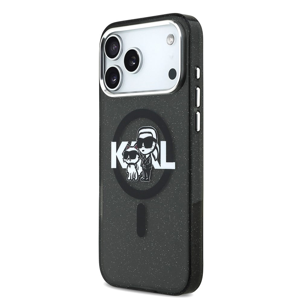 Apple iPhone 17 Pro Max Kılıf Karl Lagerfeld Orjinal Lisanslı Parlayan Simli Karl & Choupette Sketch Logo Kapak