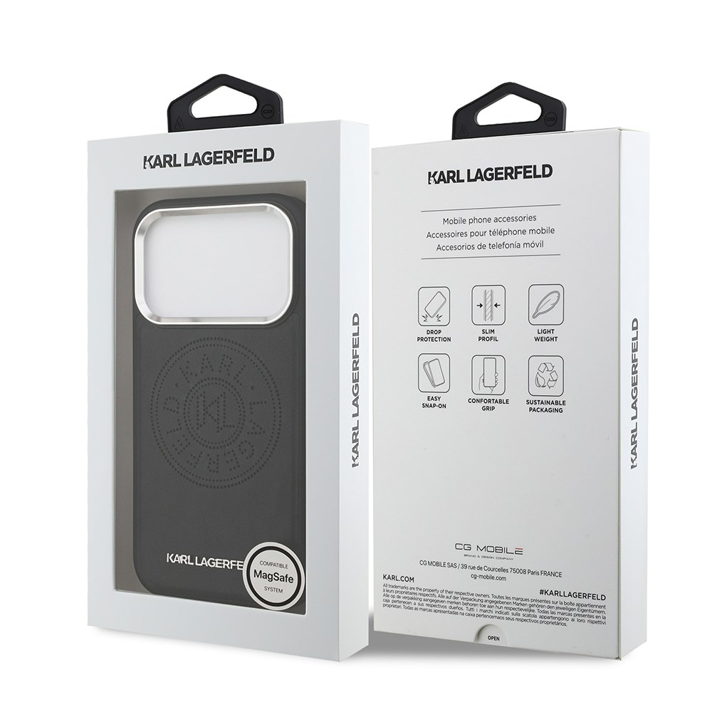 Apple iPhone 17 Pro Max Kılıf Karl Lagerfeld Orjinal Lisanslı M-safe Şarj Özellikli Delikli Tasarım Metal Logolu PU Deri Kapak