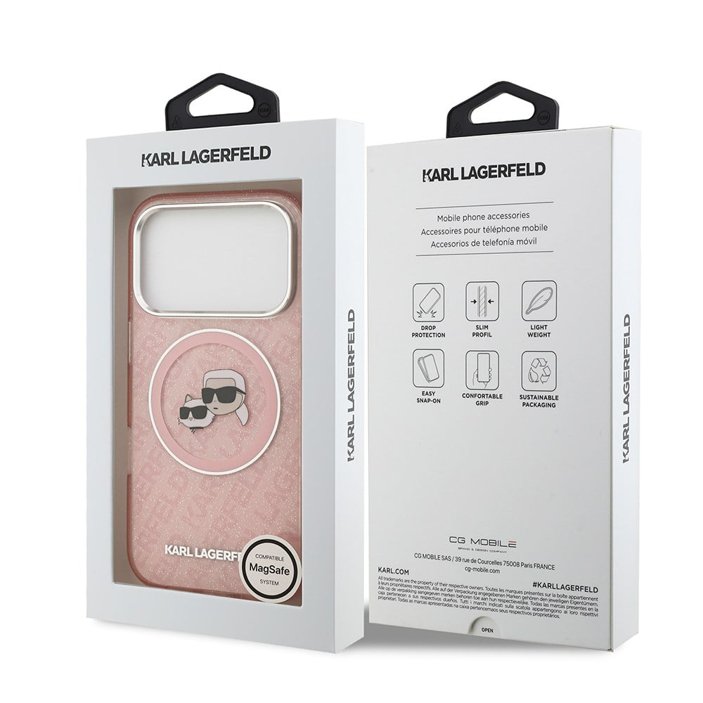 Apple iPhone 17 Pro Max Kılıf Karl Lagerfeld Orjinal Lisanslı Parlayan Simli Karl & Choupette Heads Kapak