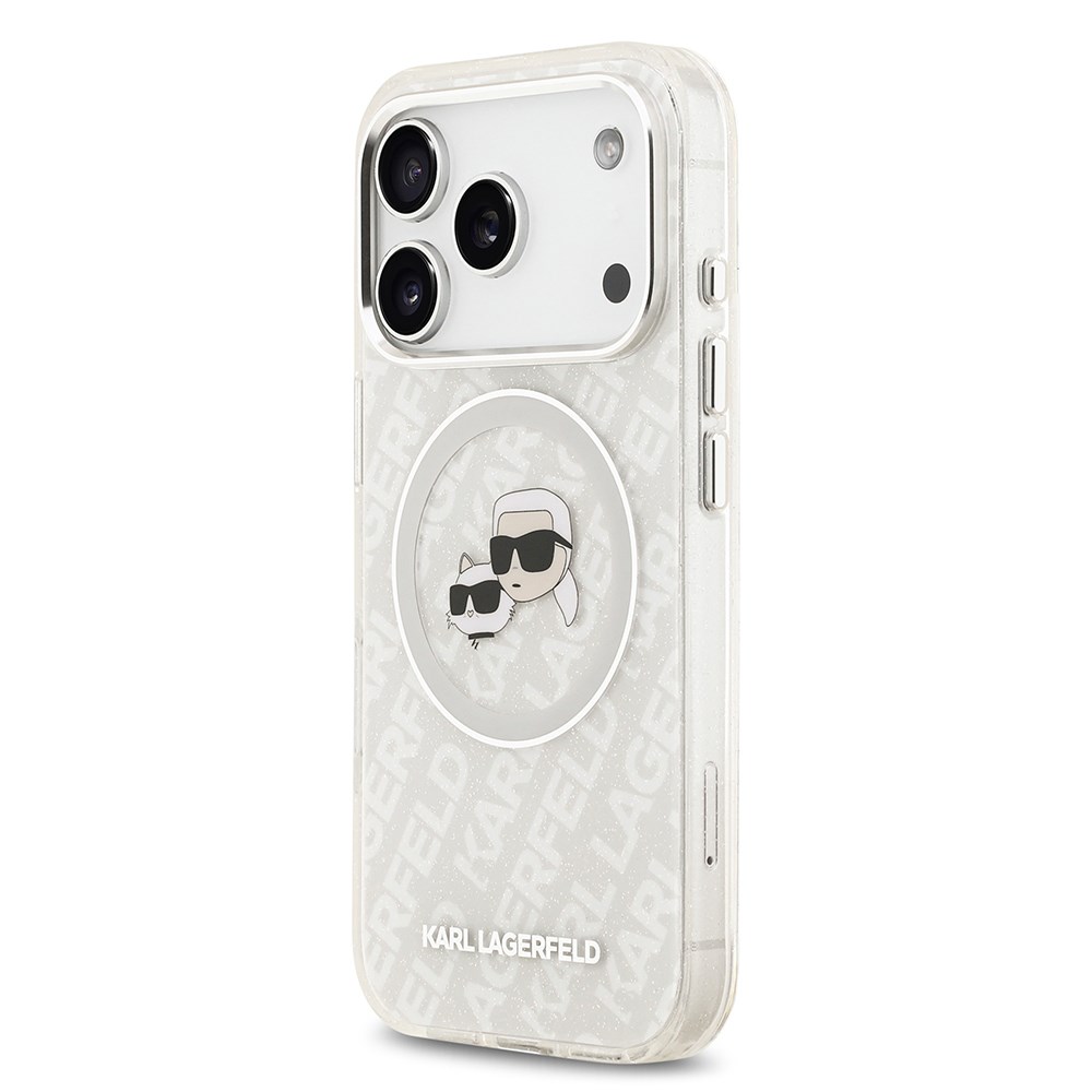 Apple iPhone 17 Pro Max Kılıf Karl Lagerfeld Orjinal Lisanslı Parlayan Simli Karl & Choupette Heads Kapak