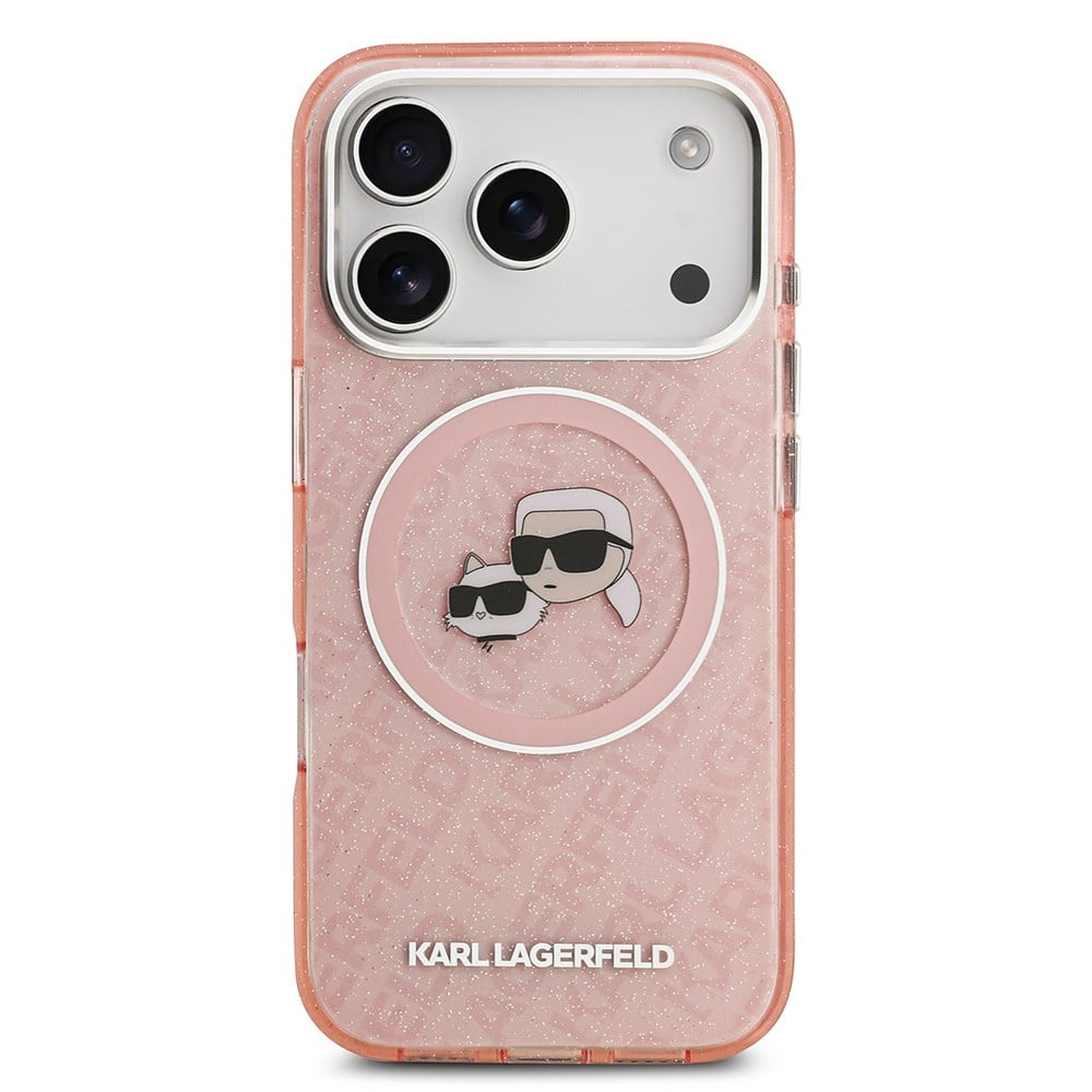 Apple iPhone 17 Pro Max Kılıf Karl Lagerfeld Orjinal Lisanslı Parlayan Simli Karl & Choupette Heads Kapak