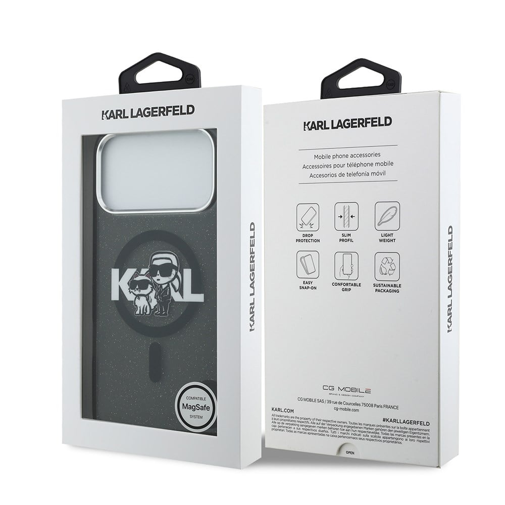 Apple iPhone 17 Pro Max Kılıf Karl Lagerfeld Orjinal Lisanslı Parlayan Simli Karl & Choupette Sketch Logo Kapak