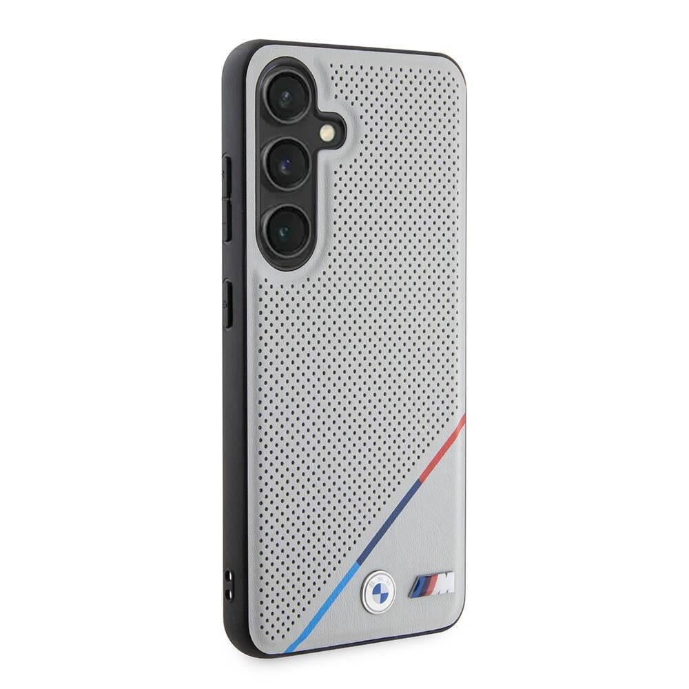 Galaxy S24 Kılıf BMW Orjinal Lisanslı M-safe Şarj Özellikli M Logolu Üç Çizgili Delikli Deri Kapak