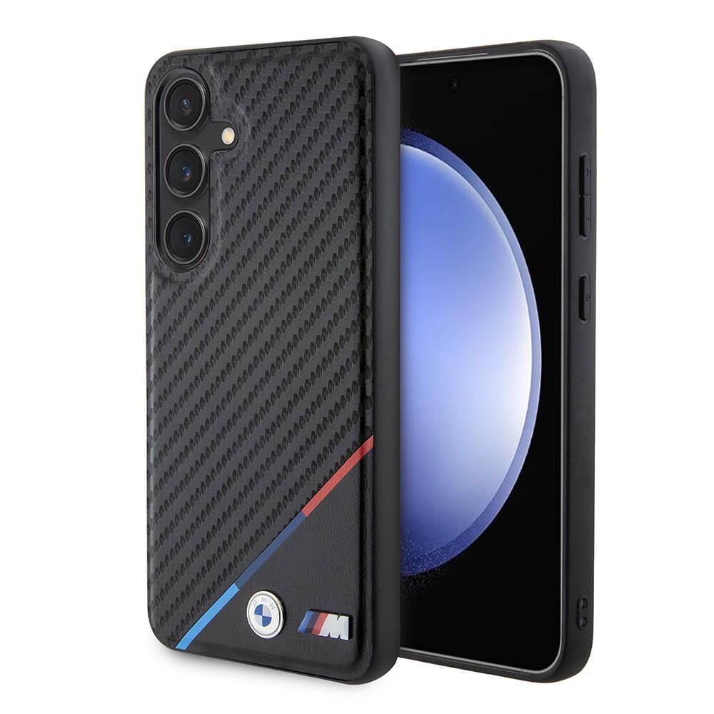 Galaxy S24 Plus Kılıf BMW Orjinal Lisanslı M-safe Şarj Özellikli M Logolu Üç Çizgili PU Karbon Kapak