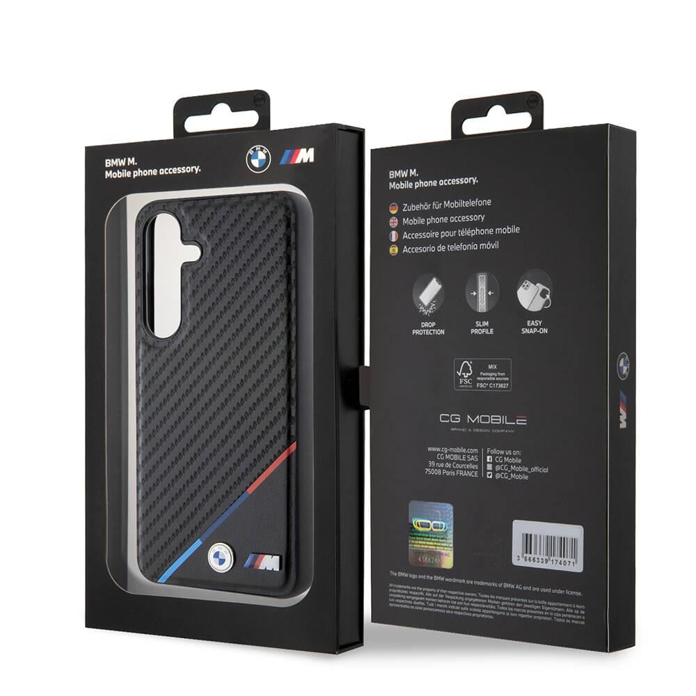 Galaxy S24 Plus Kılıf BMW Orjinal Lisanslı M-safe Şarj Özellikli M Logolu Üç Çizgili PU Karbon Kapak