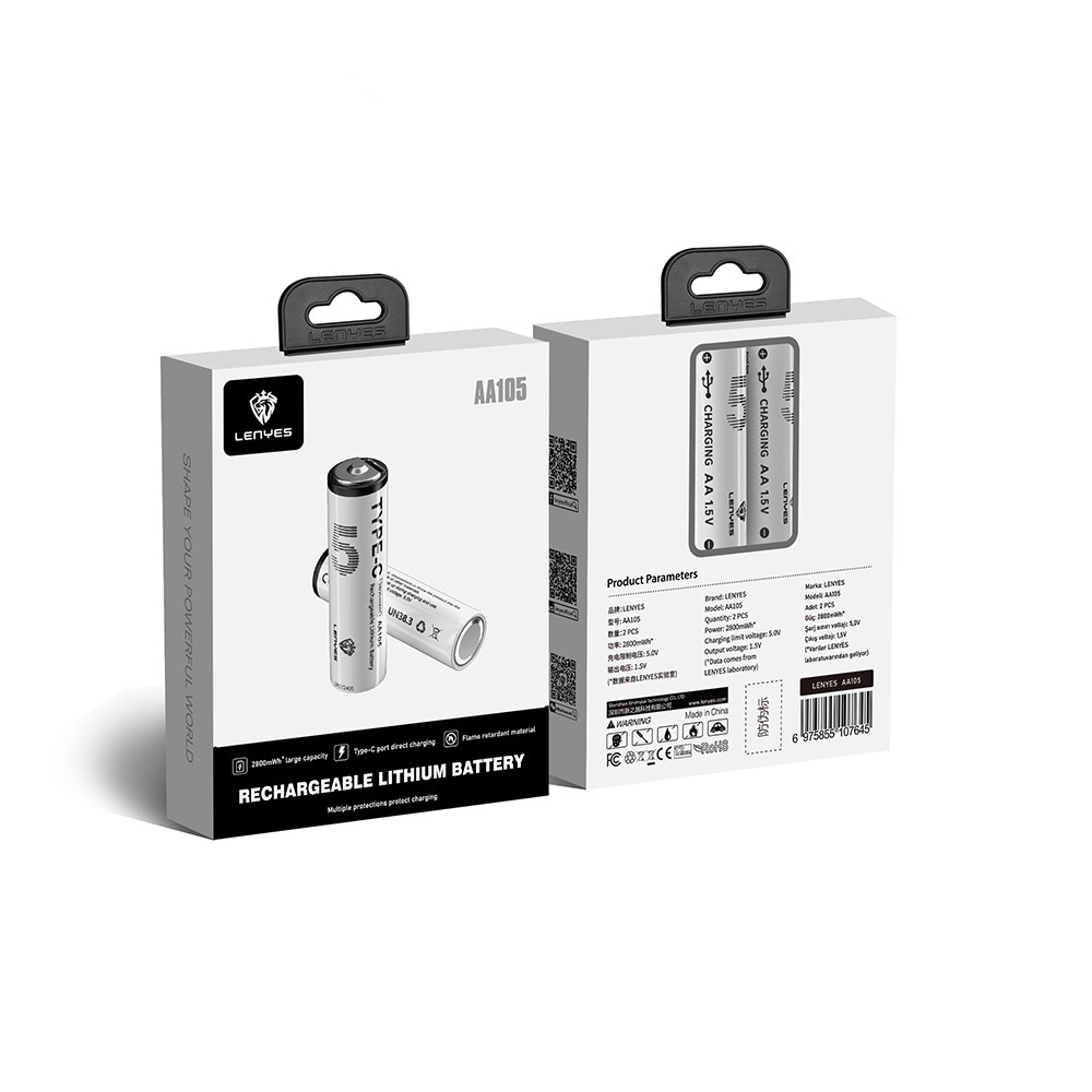 Lenyes AA105 Type-C Şarj Portlu Şarj Edilebilir AA Lityum-ion Pil 2800mWh 1.5V 2 Adet