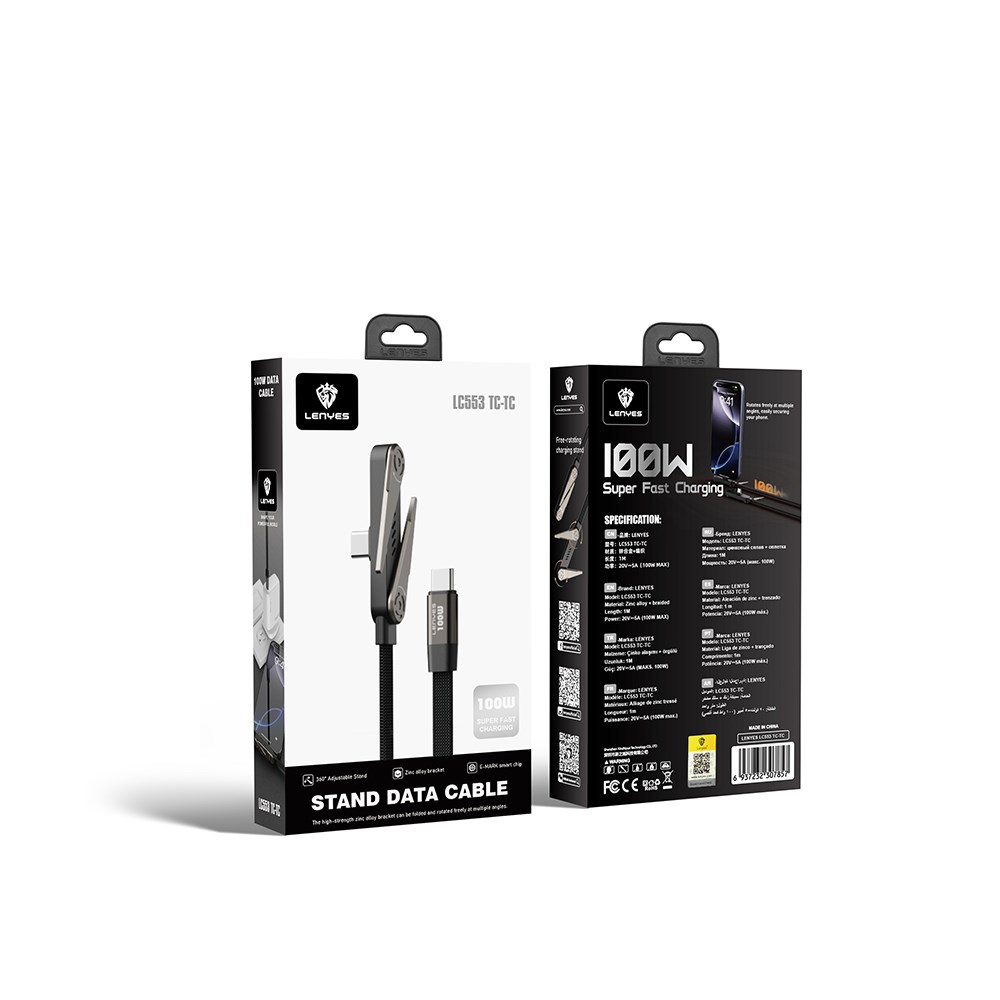 Lenyes LC553 Type-C to Type-C Stand Özellikli E-Mark Smart Çipli Data ve Şarj Kablosu 100W 1M