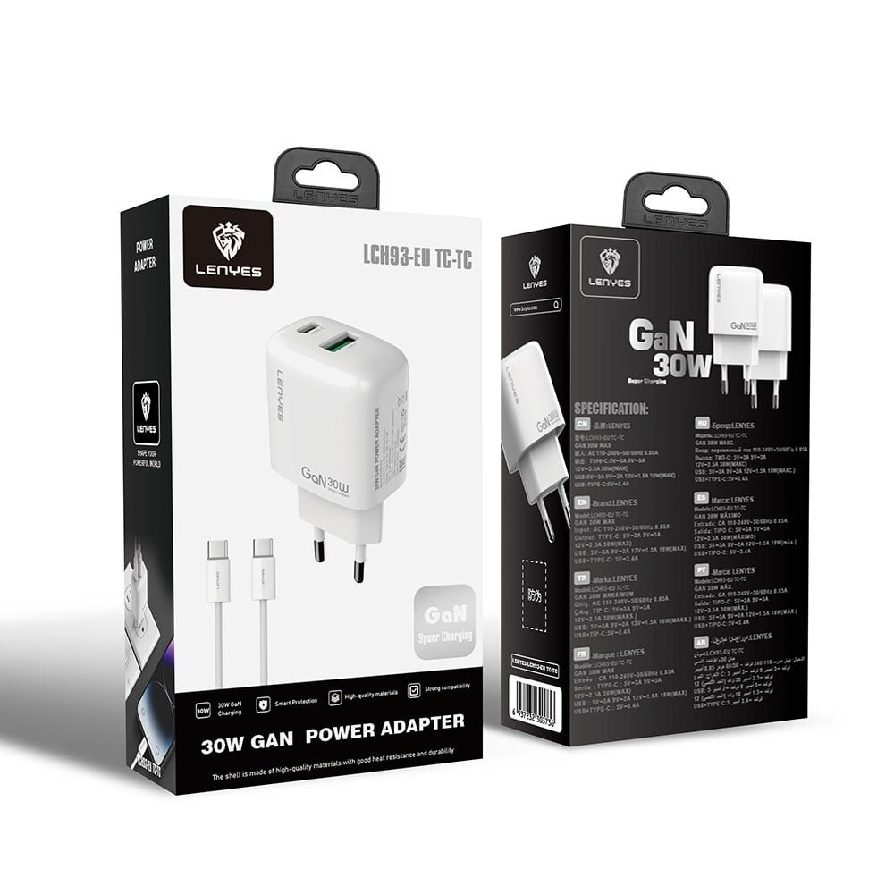 Lenyes LCH93-TC-TC Type-C to Type-C GaN Teknolojili PD ve USB Hızlı Şarj Özellikli Şarj Seti 30W
