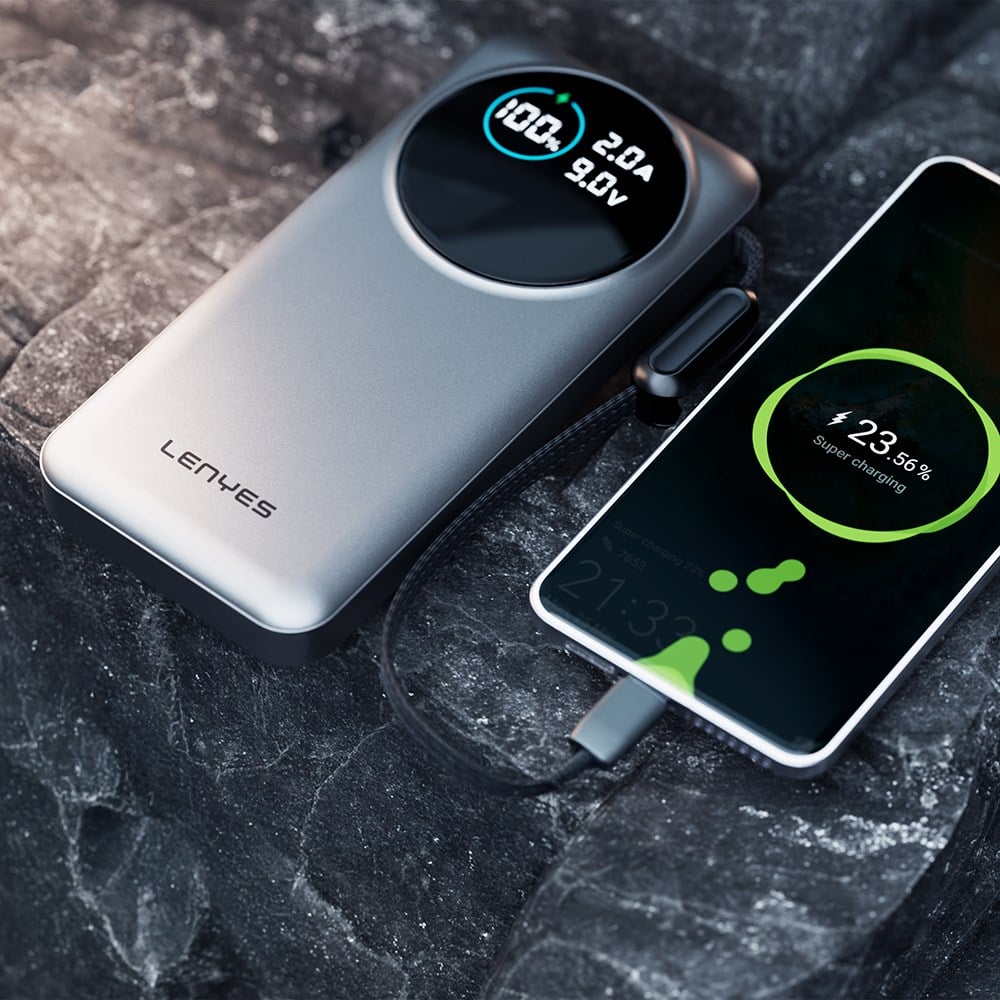 Lenyes PX2004D Dijital LED Ekranlı Lightning Kablolu Powerbank 22.5W 20.000mAh