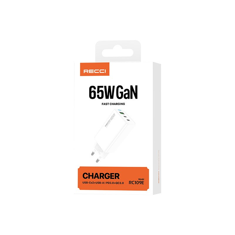 Recci RC109E Type-C PD & USB-A GaN Teknolojili Hızlı Şarj Başlığı 65W