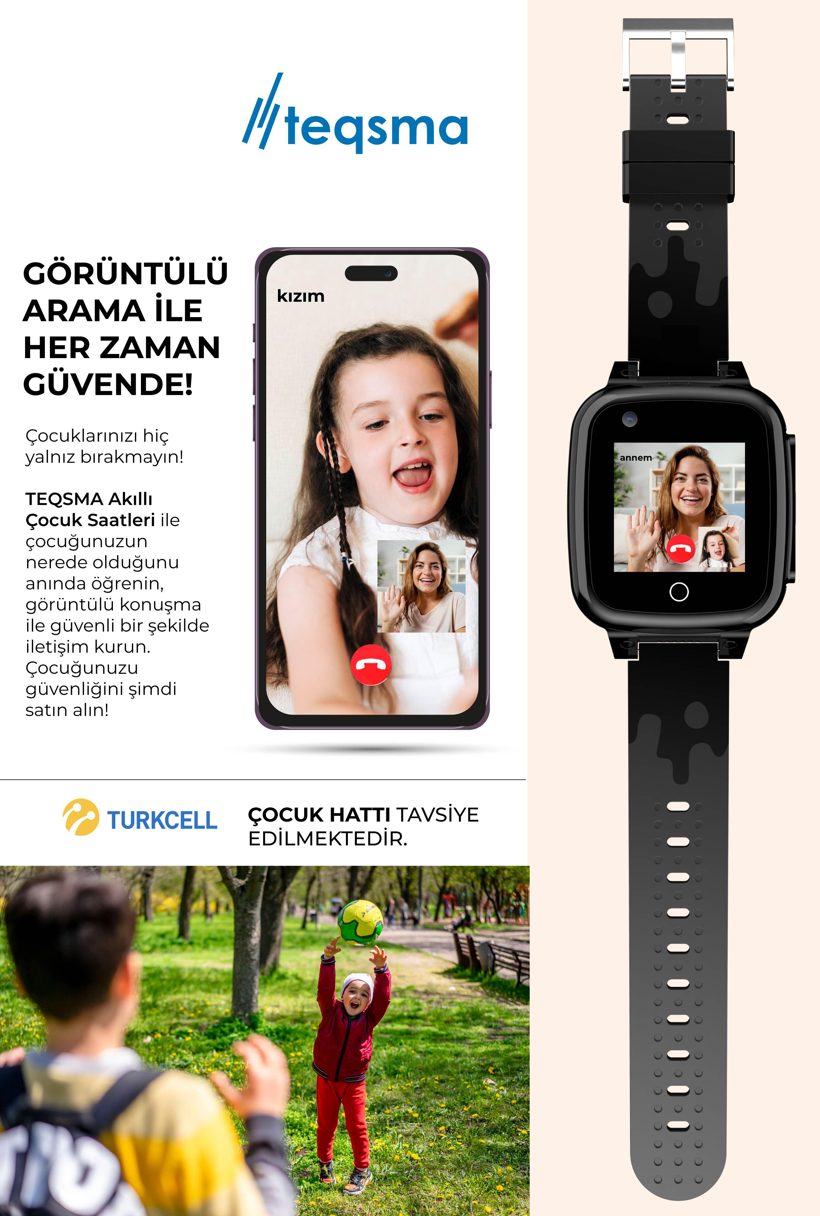 TEQSMA S25 Uz Akıllı Çocuk Saati- SOS, GPS Takibi, Görüntülü Görüşme, BTK Onaylı, Su Geçirmez 24 Ay Garantili Siyah