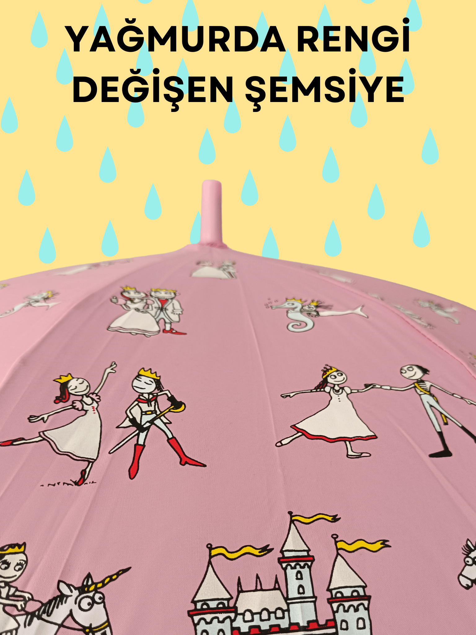 Castle Pembe Yağmurda Rengarenk Kız Çocuk Şemsiye