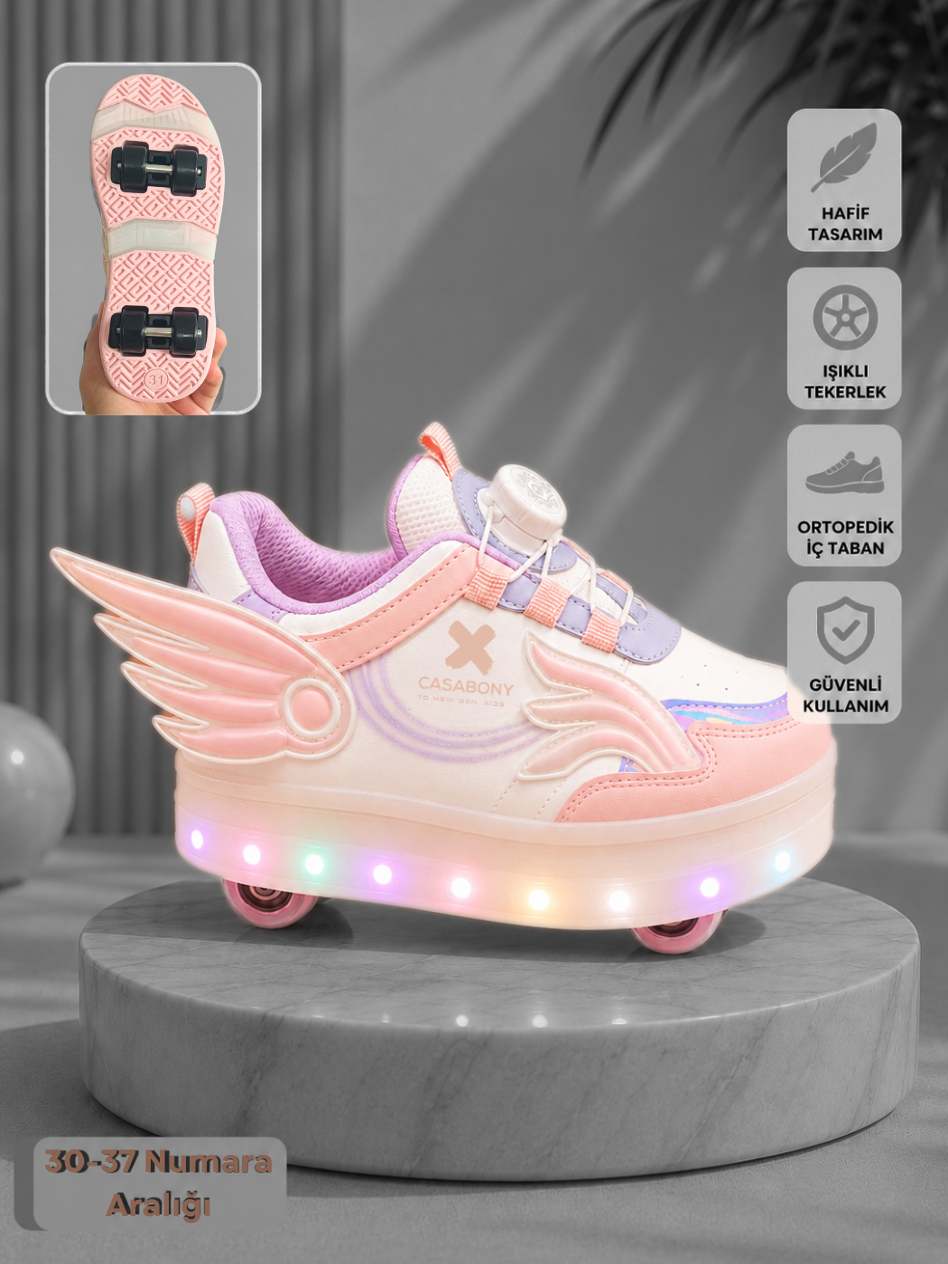 Işıklı Patenli 3d Pembe Kız Çocuk Ayakkabı
