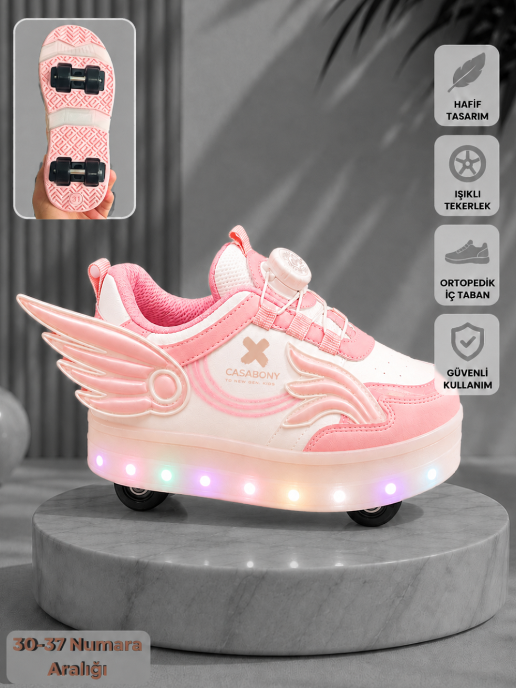 Işıklı Patenli 3d Pembe Kız Çocuk Ayakkabı