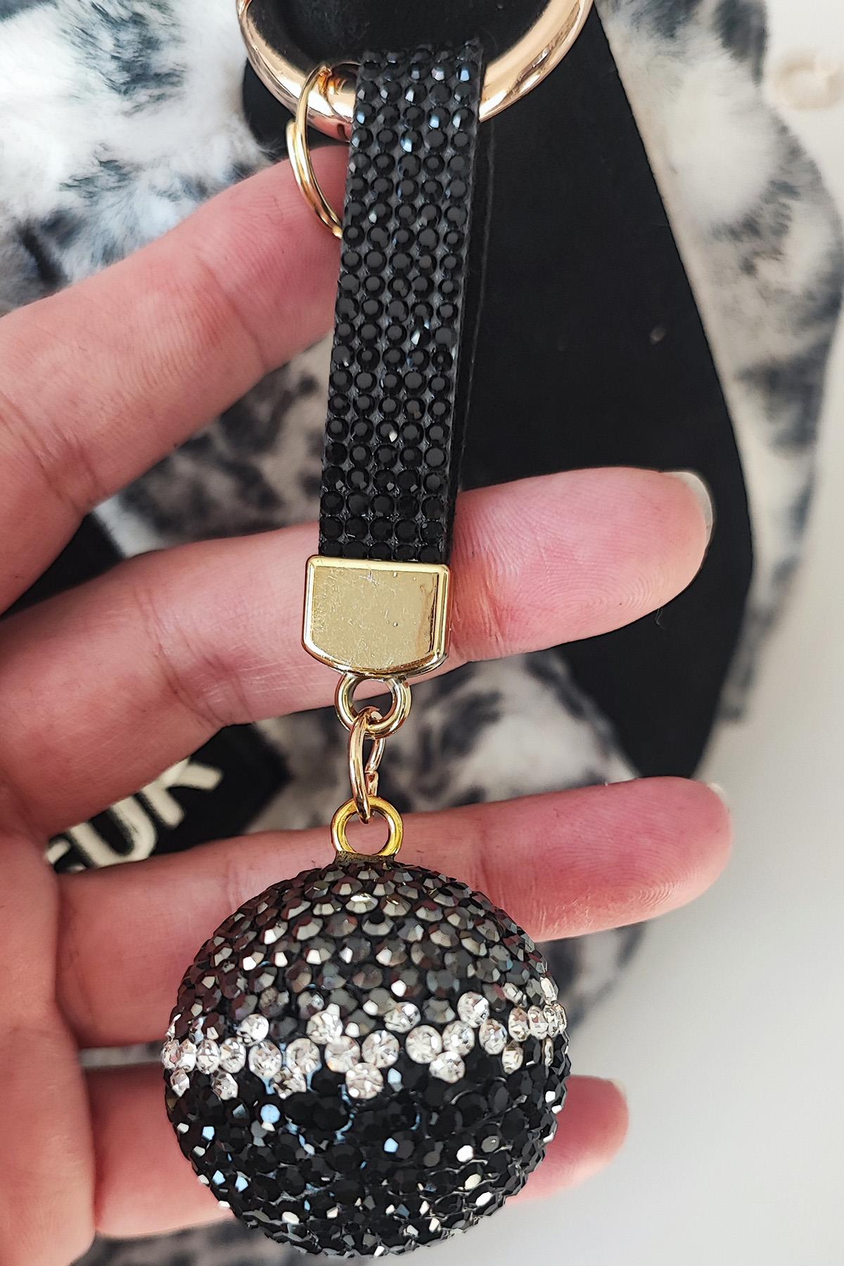 1.Kalite Zirkon Taşlı Gümüş-Siyah Top Model Anahtarlık Ve Çanta Aksesuarı  ve Hediyelik