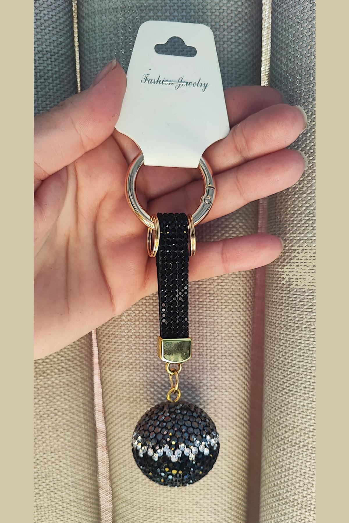 1.Kalite Zirkon Taşlı Gümüş-Siyah Top Model Anahtarlık Ve Çanta Aksesuarı  ve Hediyelik