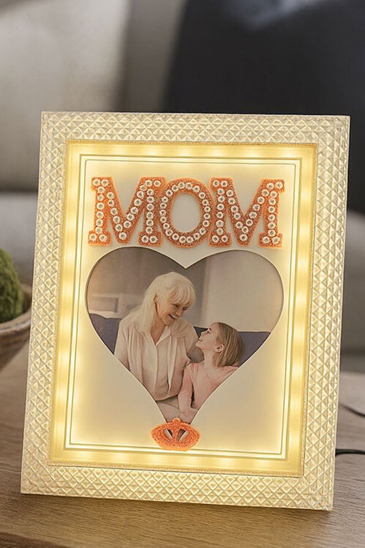 Led Işıklı İnci Taşlı Mom Kristal Fotoğraf Çerçevesi