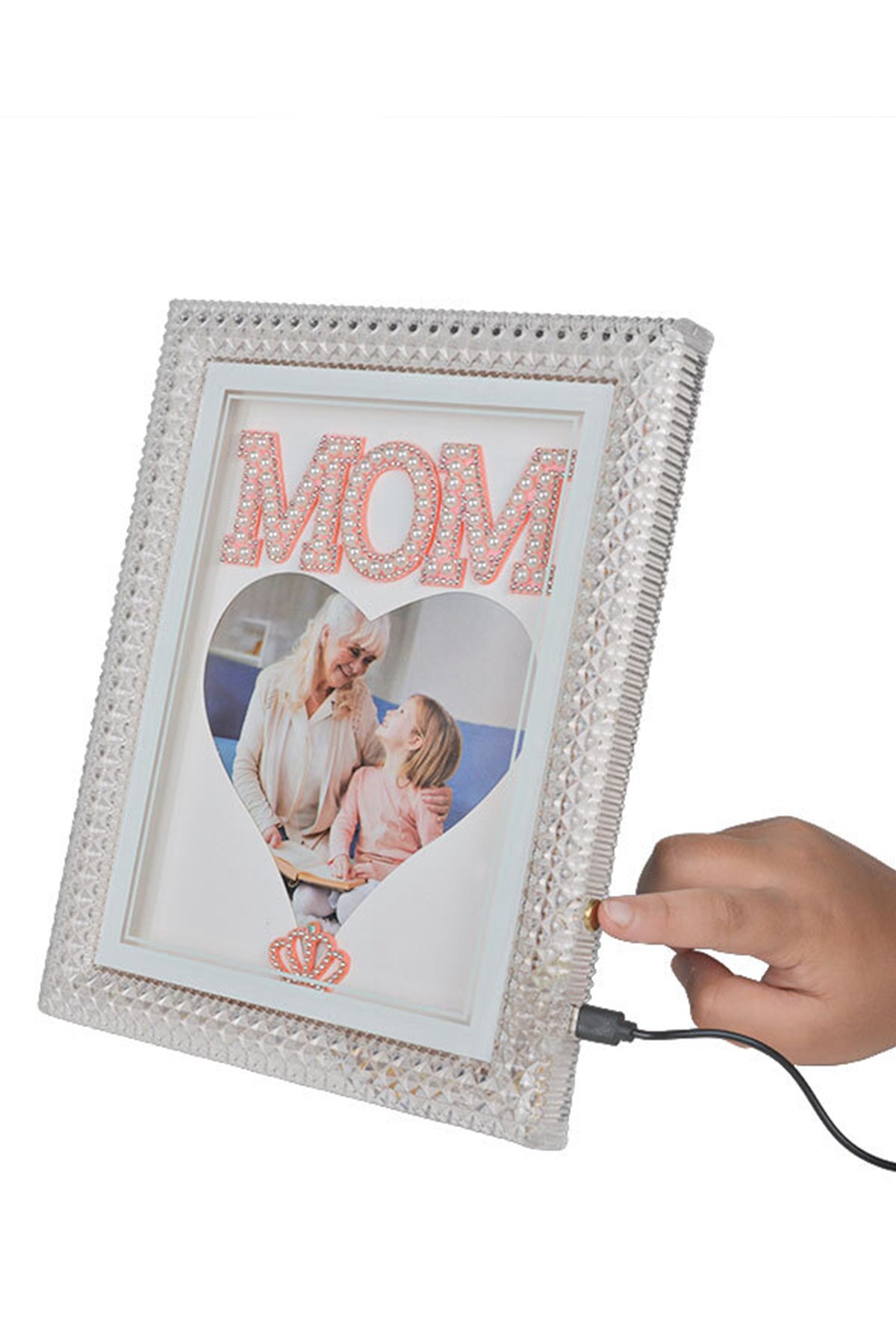Led Işıklı İnci Taşlı Mom Kristal Fotoğraf Çerçevesi