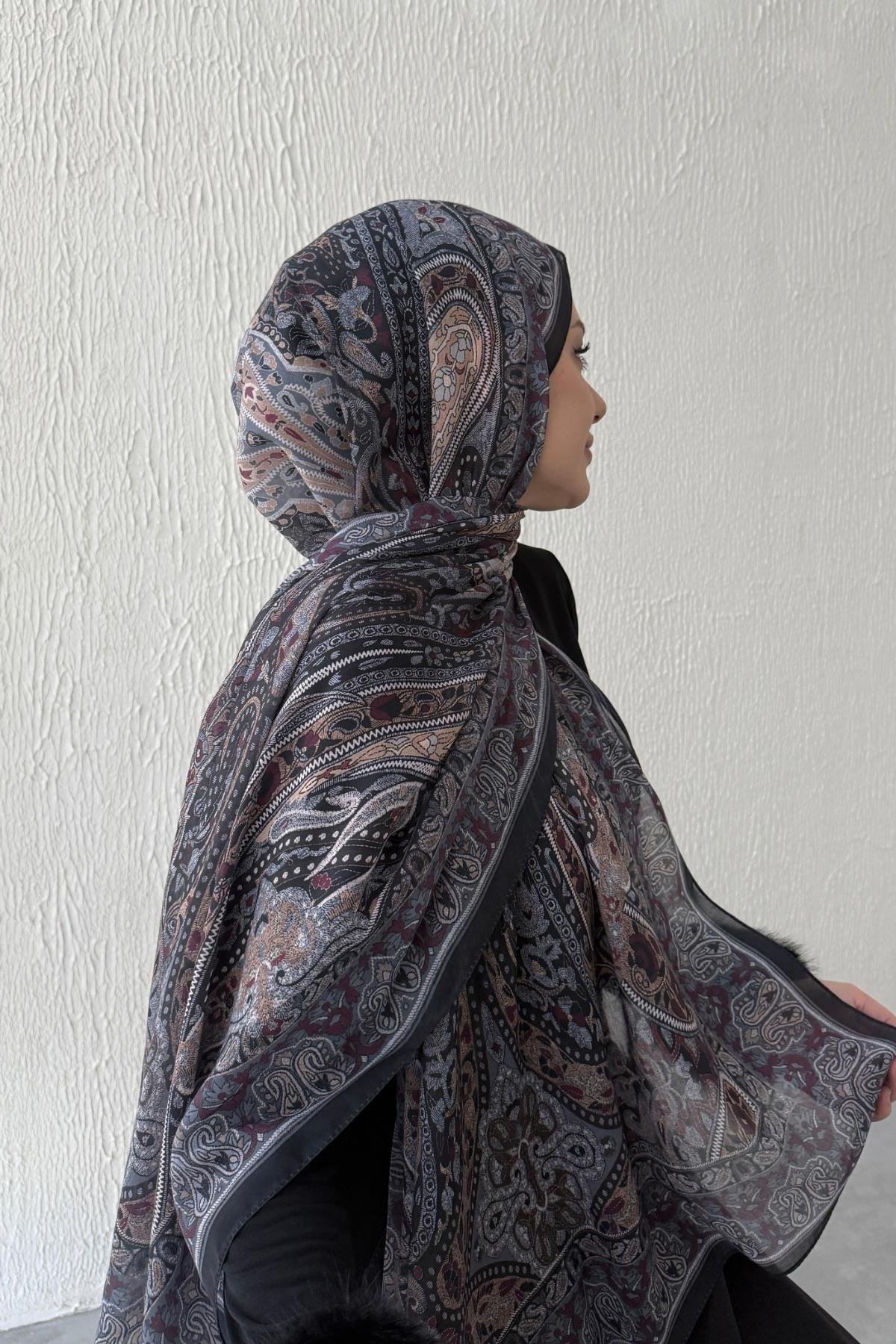 Acı Kahve & Bordo Bohem Modal İpek Şal  