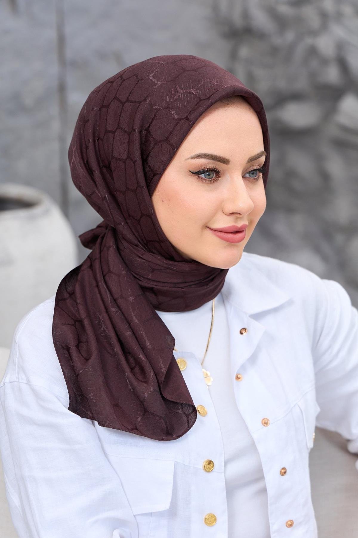 Acı Kahve Taş Desen İpeksi Jakar Eşarp 