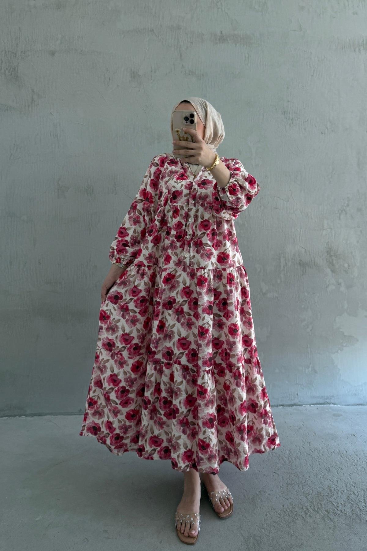 Begonya Pamuk Vual Elbise Vişne