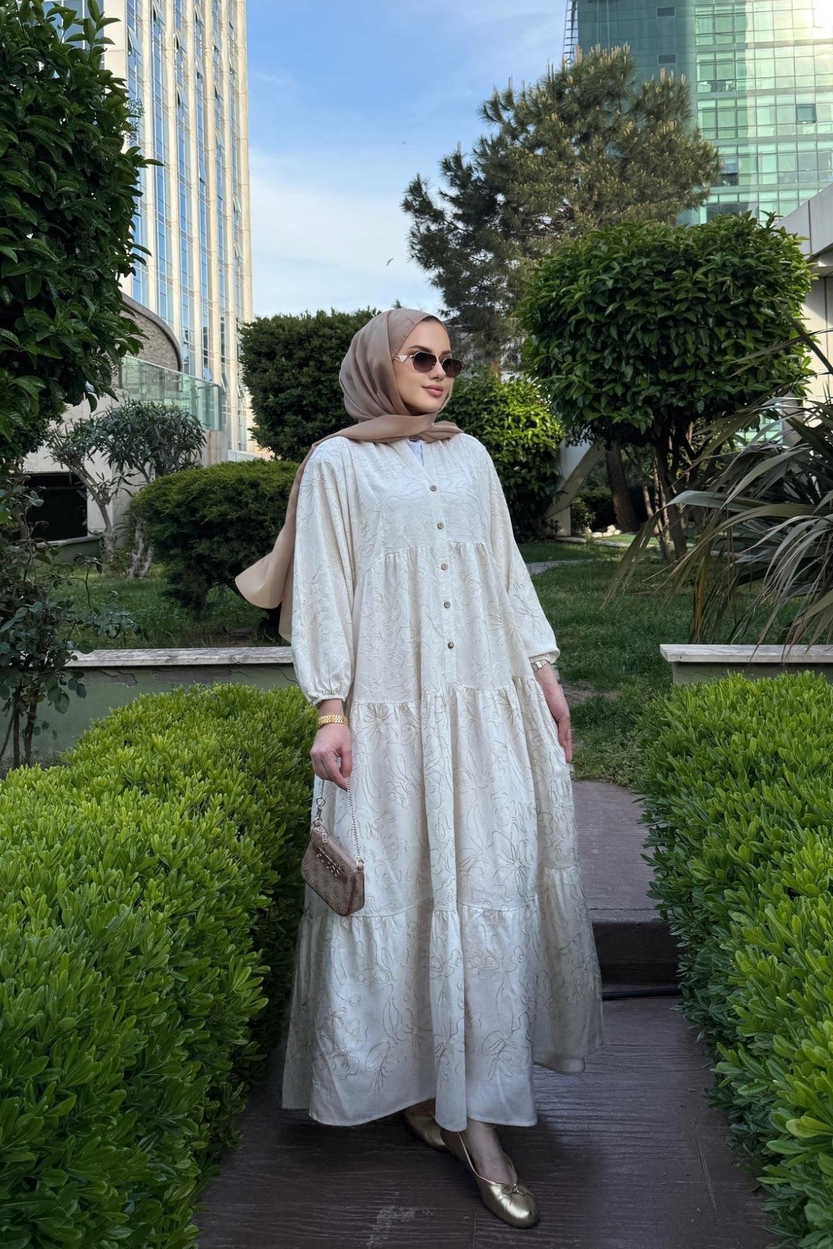 Bella Nakışlı Premium Keten Elbise