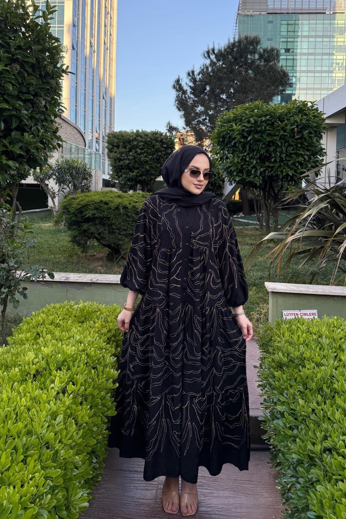 Bella Nakışlı Premium Keten Elbise Siyah