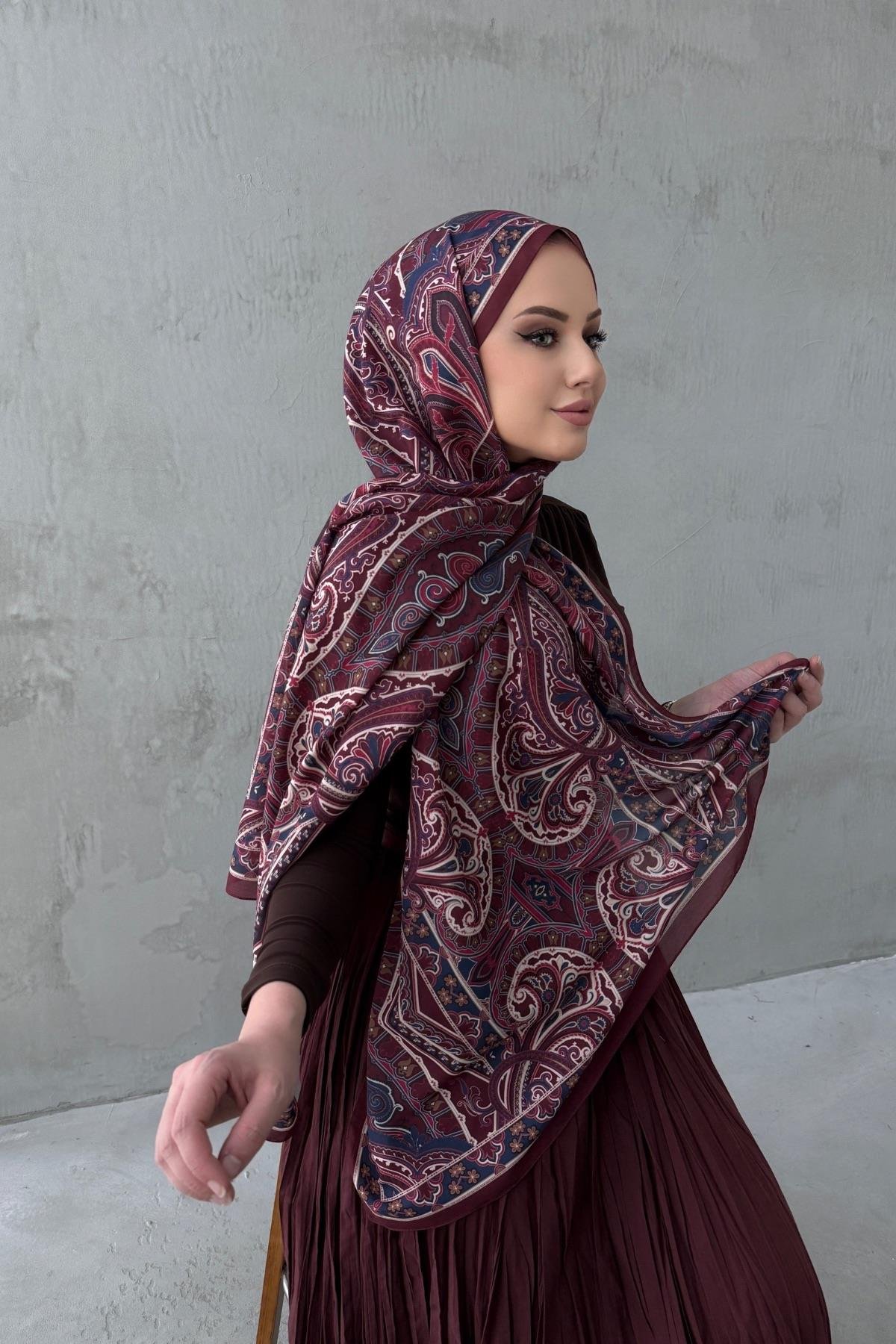 Bordo Beren Bohem Modal İpek Şal