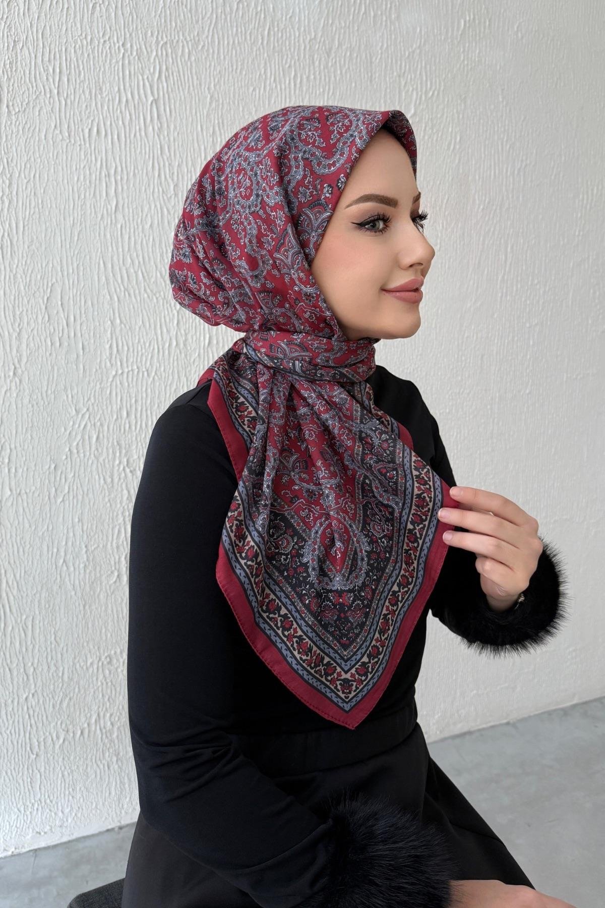 Bordo Bohem Modal İpek Eşarp