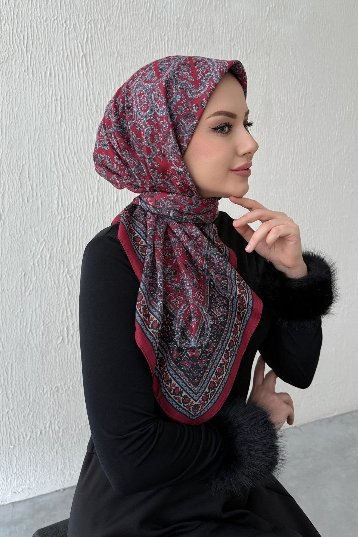 Bordo Bohem Modal İpek Eşarp