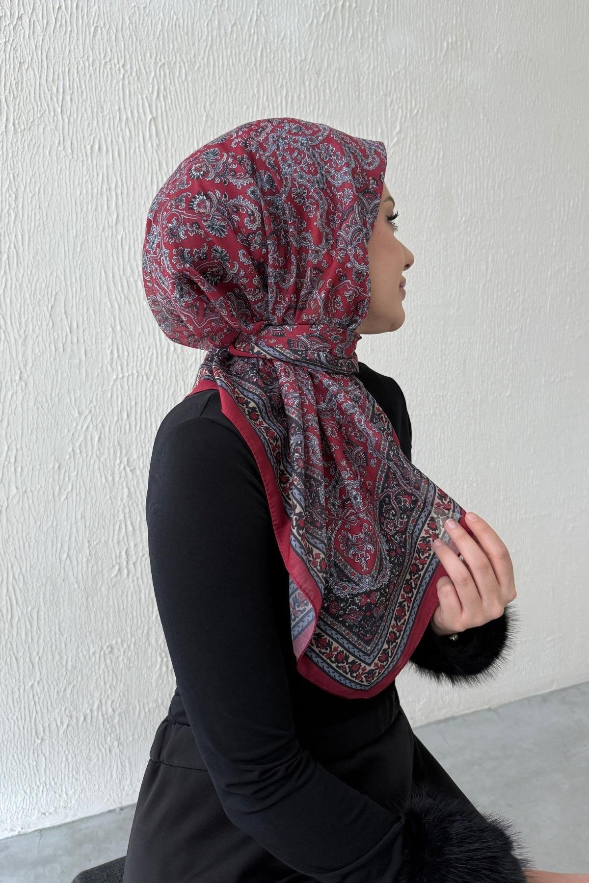 Bordo Bohem Modal İpek Eşarp