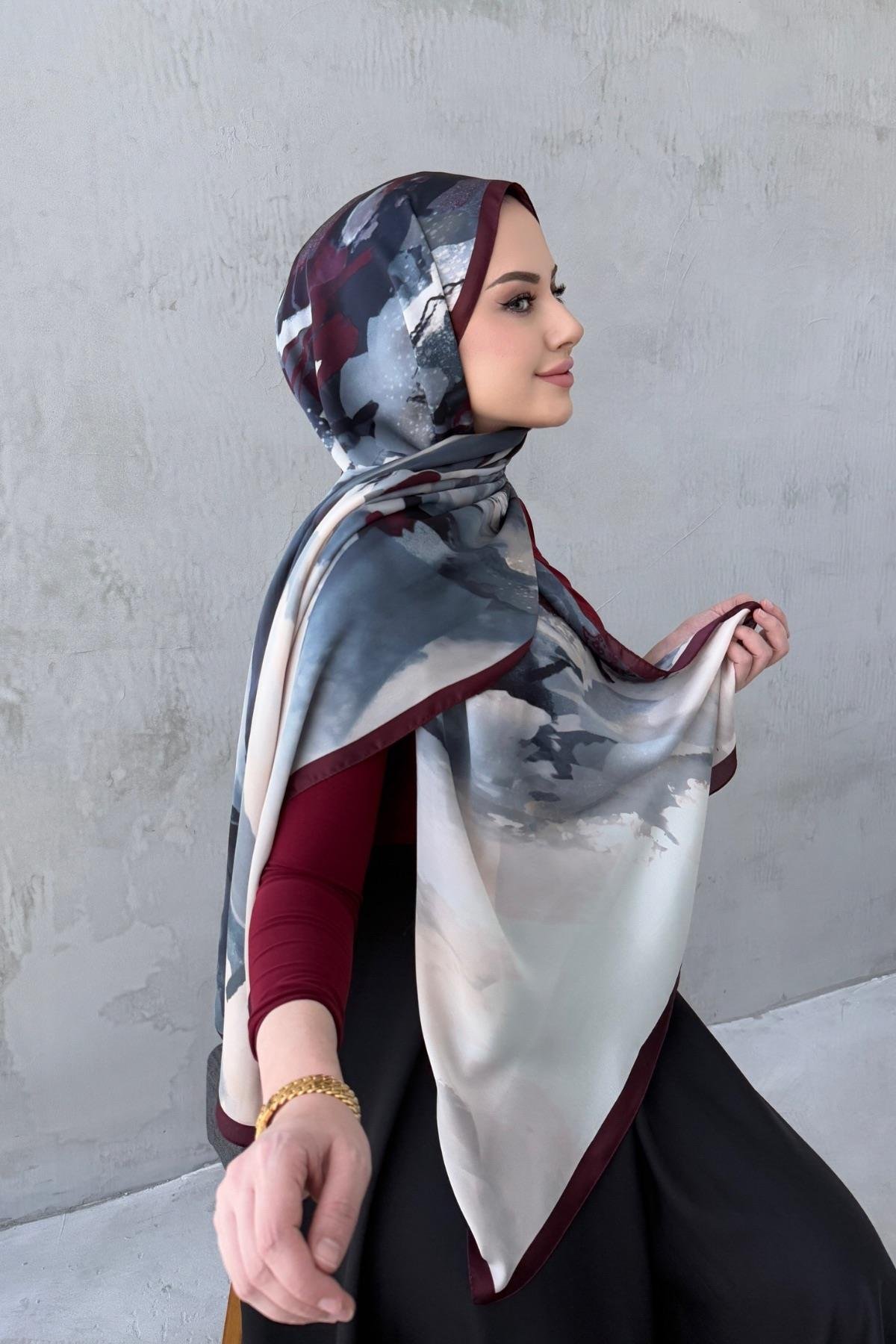 Bordo Katre Kumlu İpek Şal 