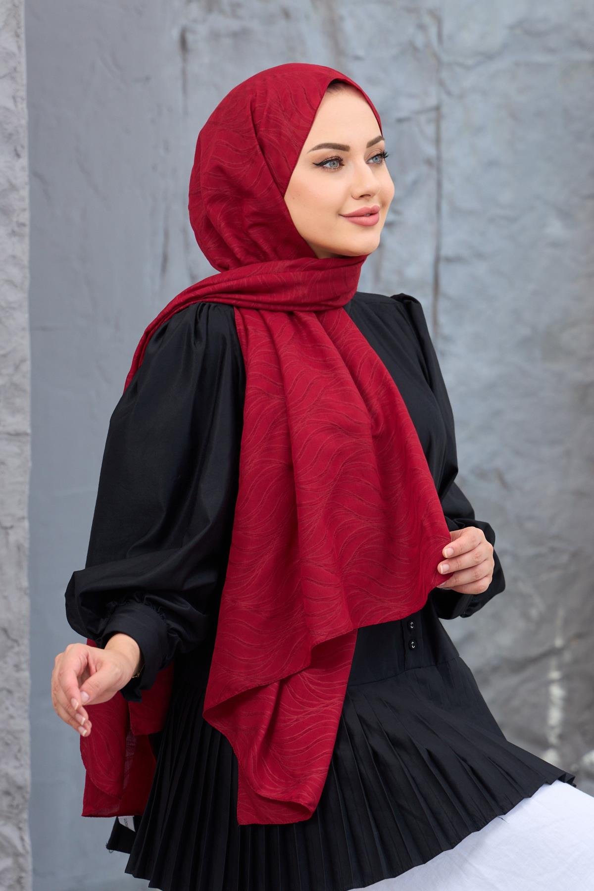 Bordo Kendinden Desenli Fresh Şal