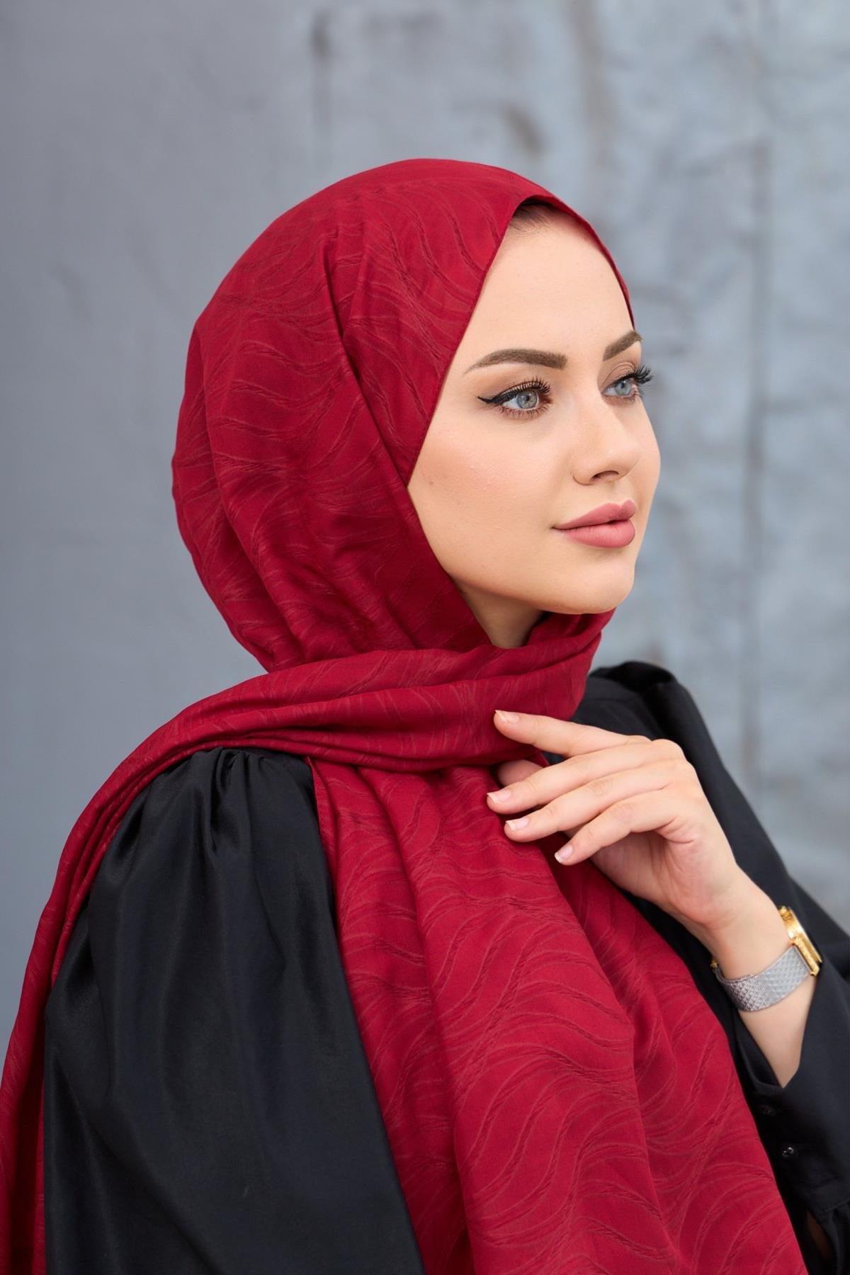 Bordo Kendinden Desenli Fresh Şal