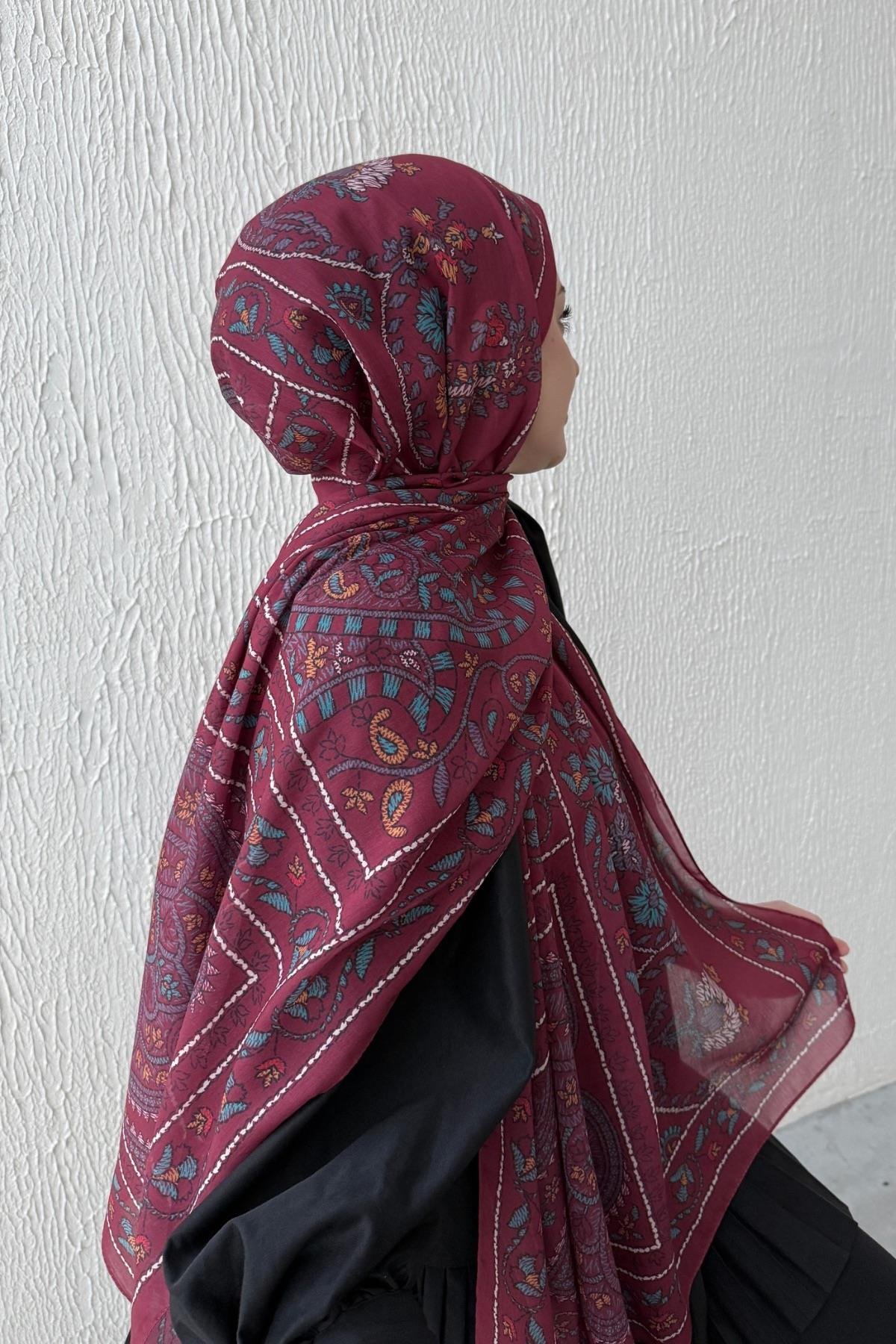 Bordo Mihrimah Bohem Modal İpek Şal  