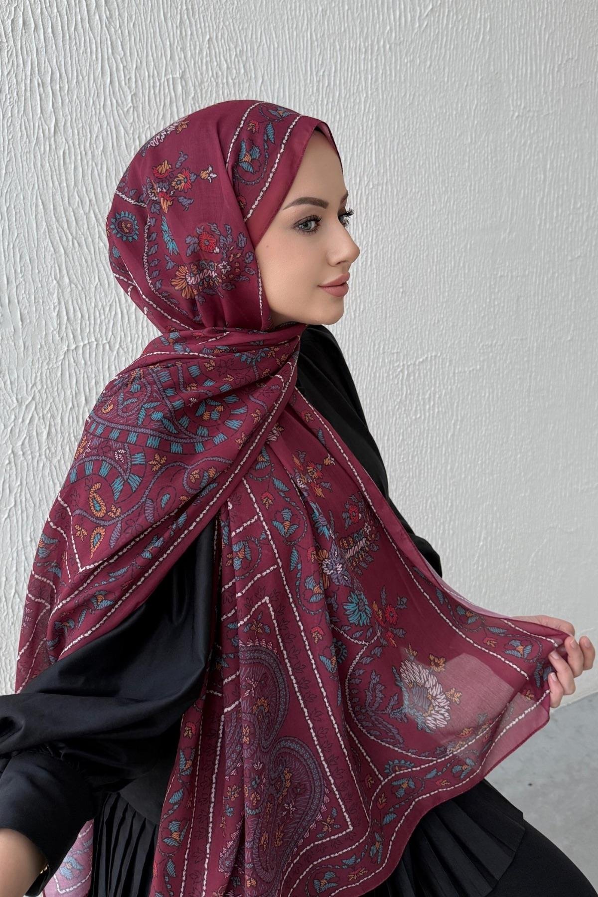 Bordo Mihrimah Bohem Modal İpek Şal  