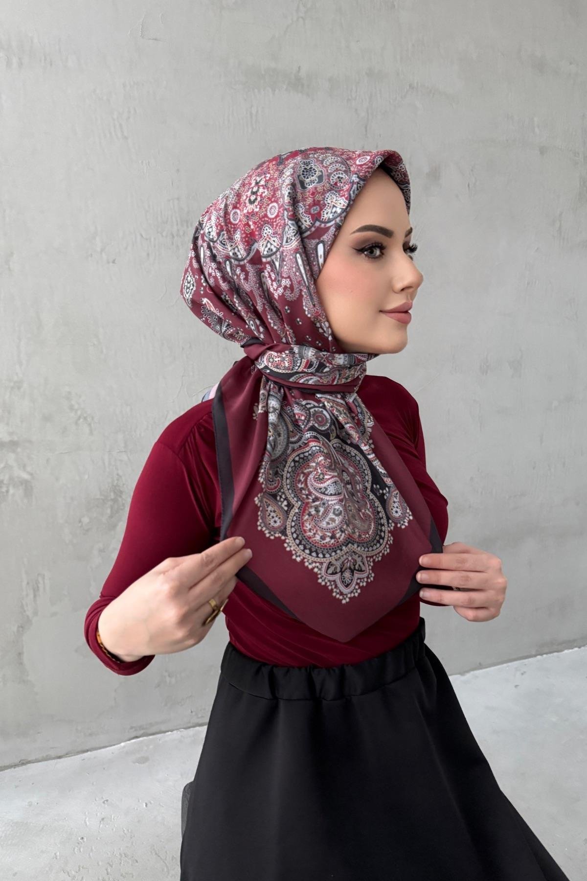 Bordo Mira Bohem Modal İpek Eşarp