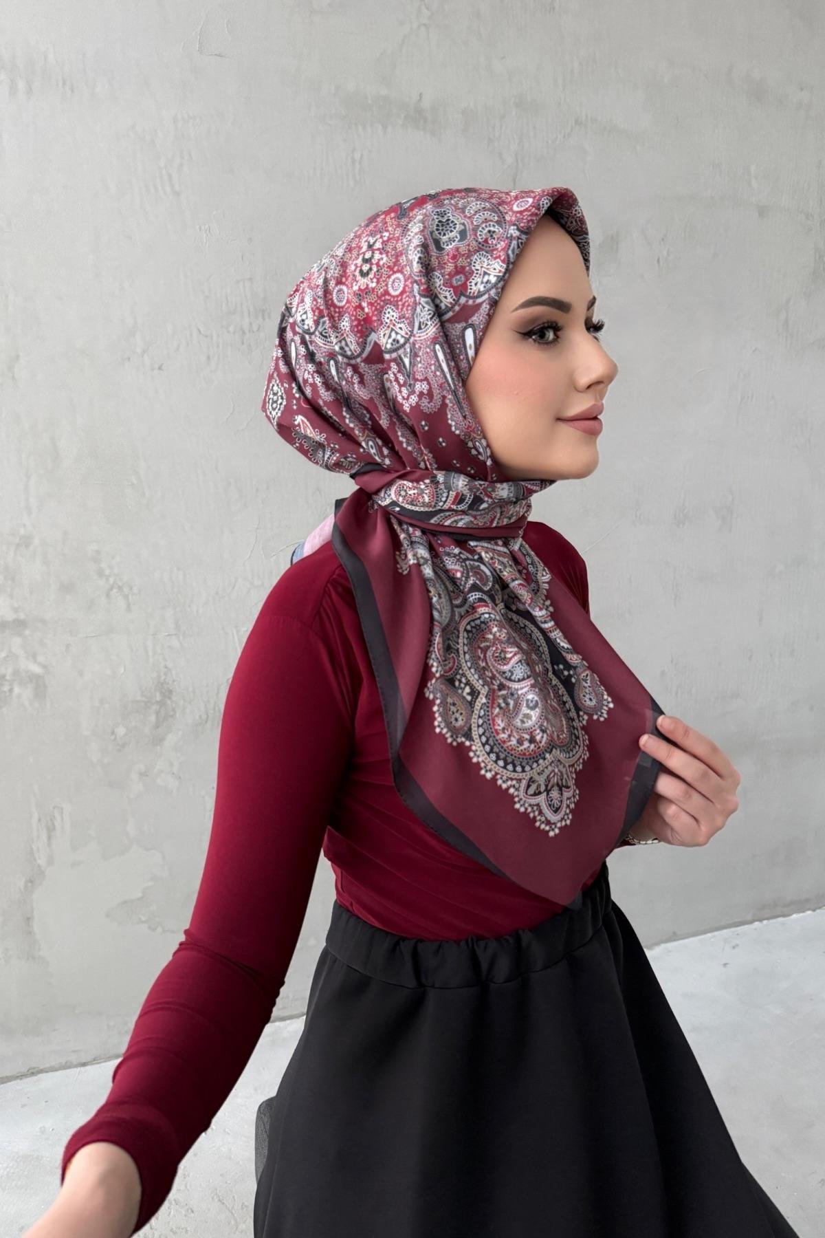Bordo Mira Bohem Modal İpek Eşarp