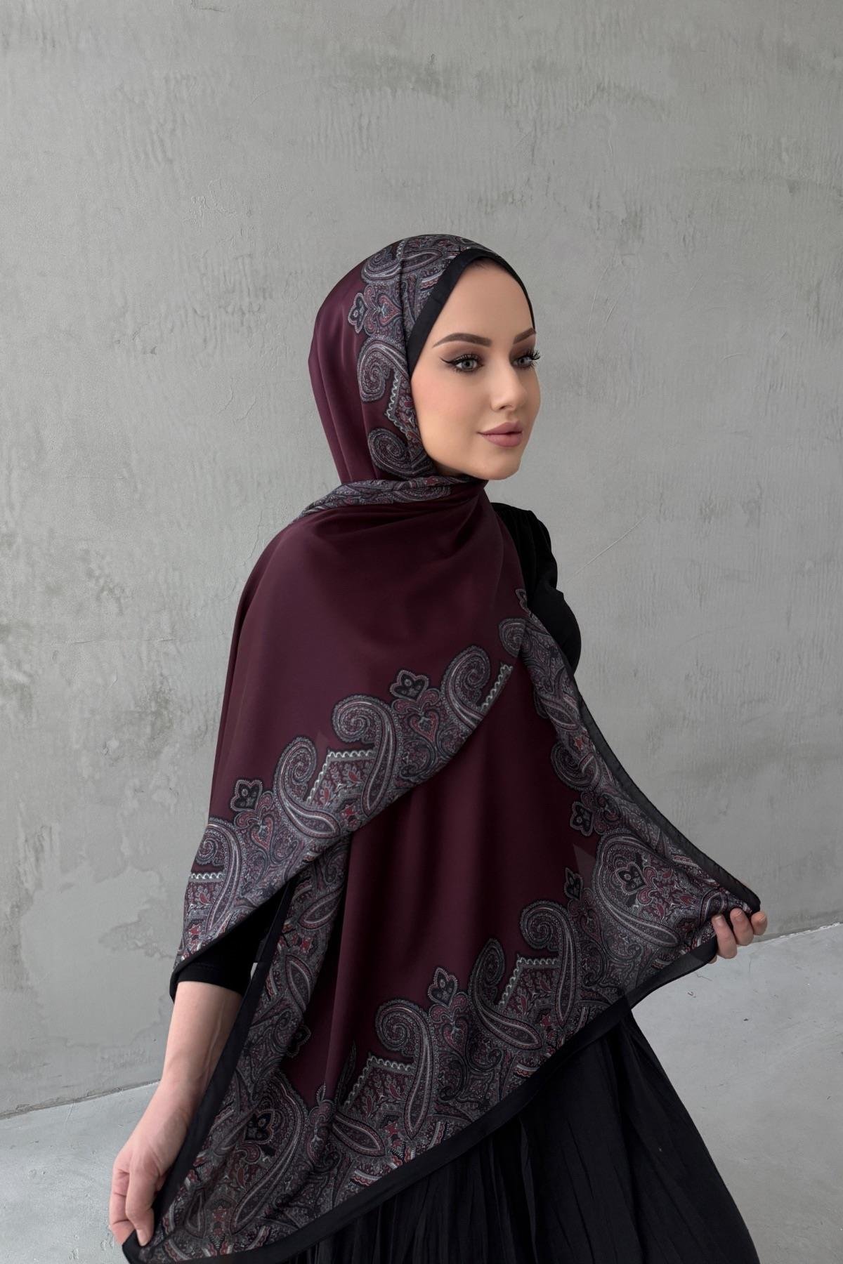 Bordo Rozalie Bohem Kumlu İpek Şal 