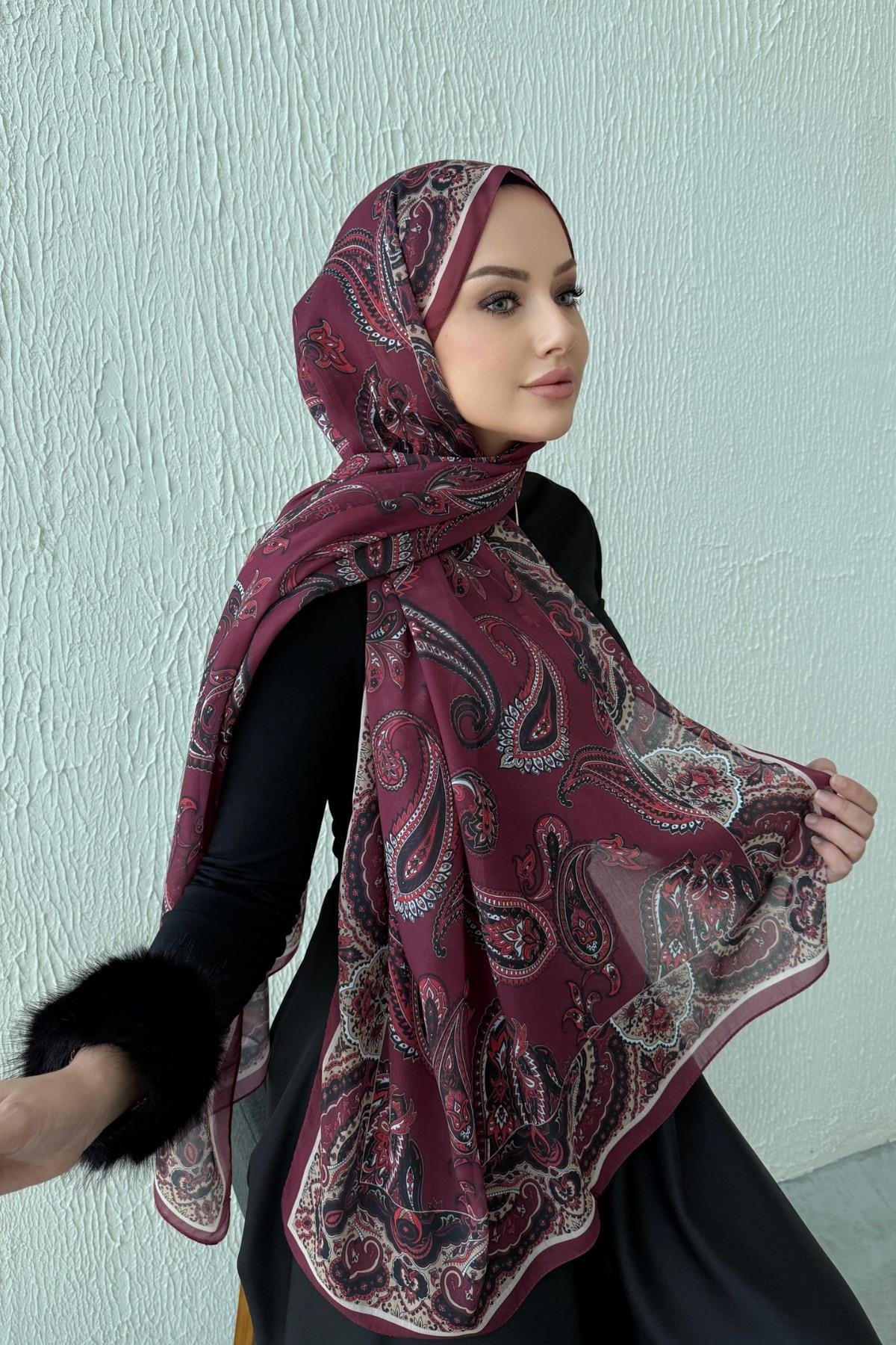 Bordo Şehrazat Bohem Modal İpek Şal