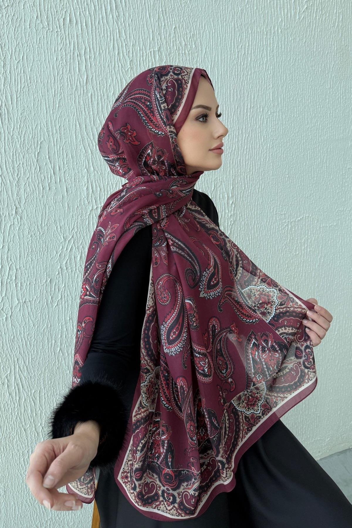 Bordo Şehrazat Bohem Modal İpek Şal