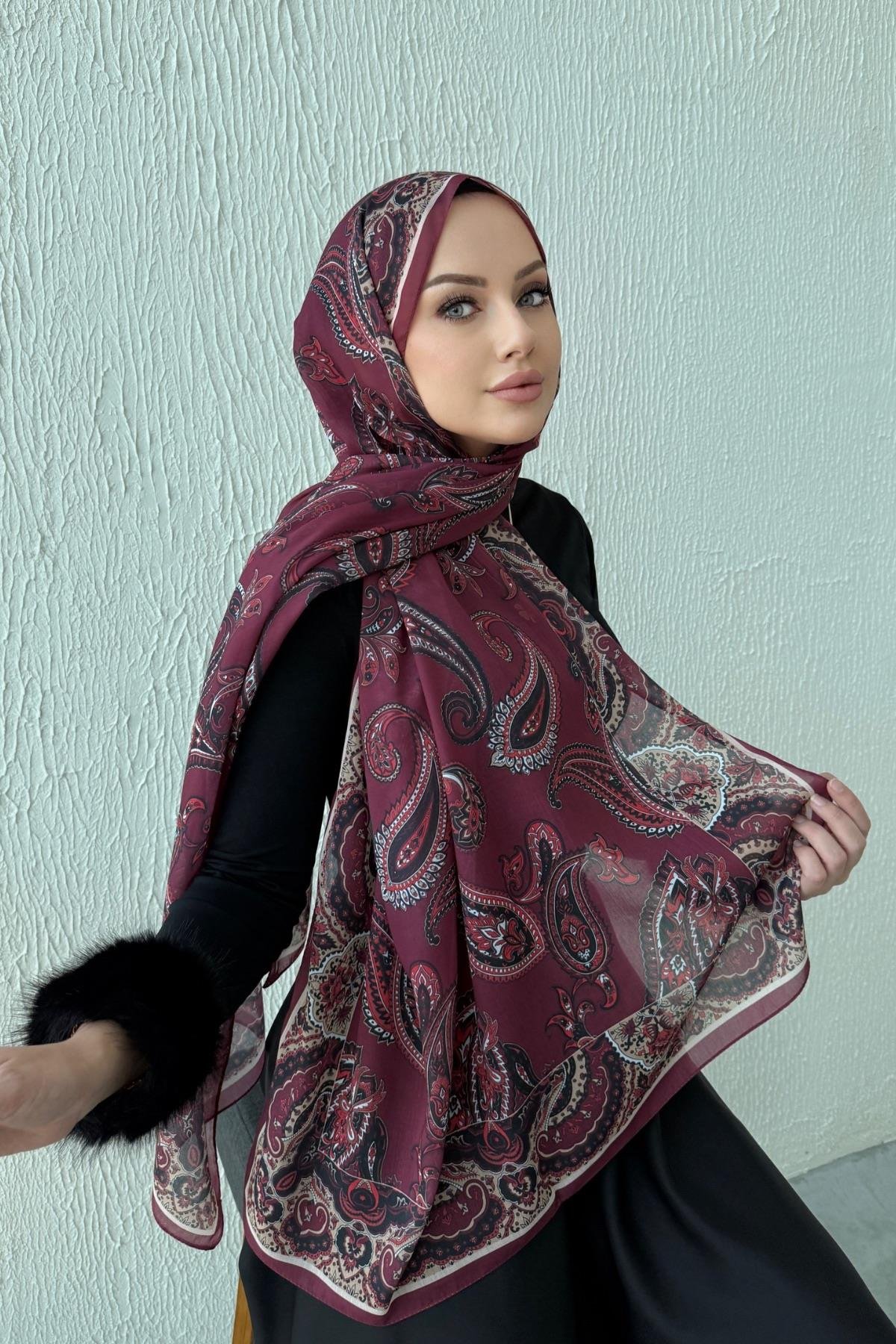 Bordo Şehrazat Bohem Modal İpek Şal