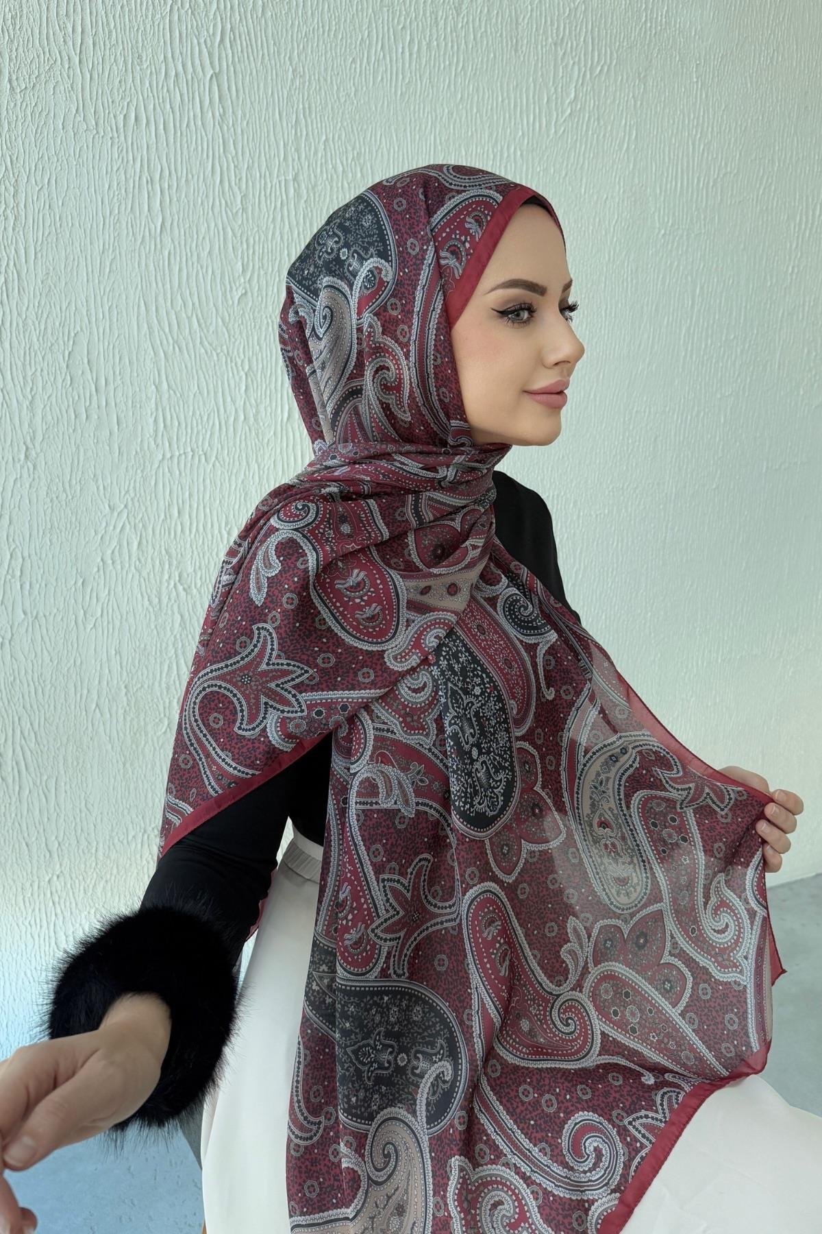 Bordo & Siyah Hercai Otantik Hint İpeği Şal
