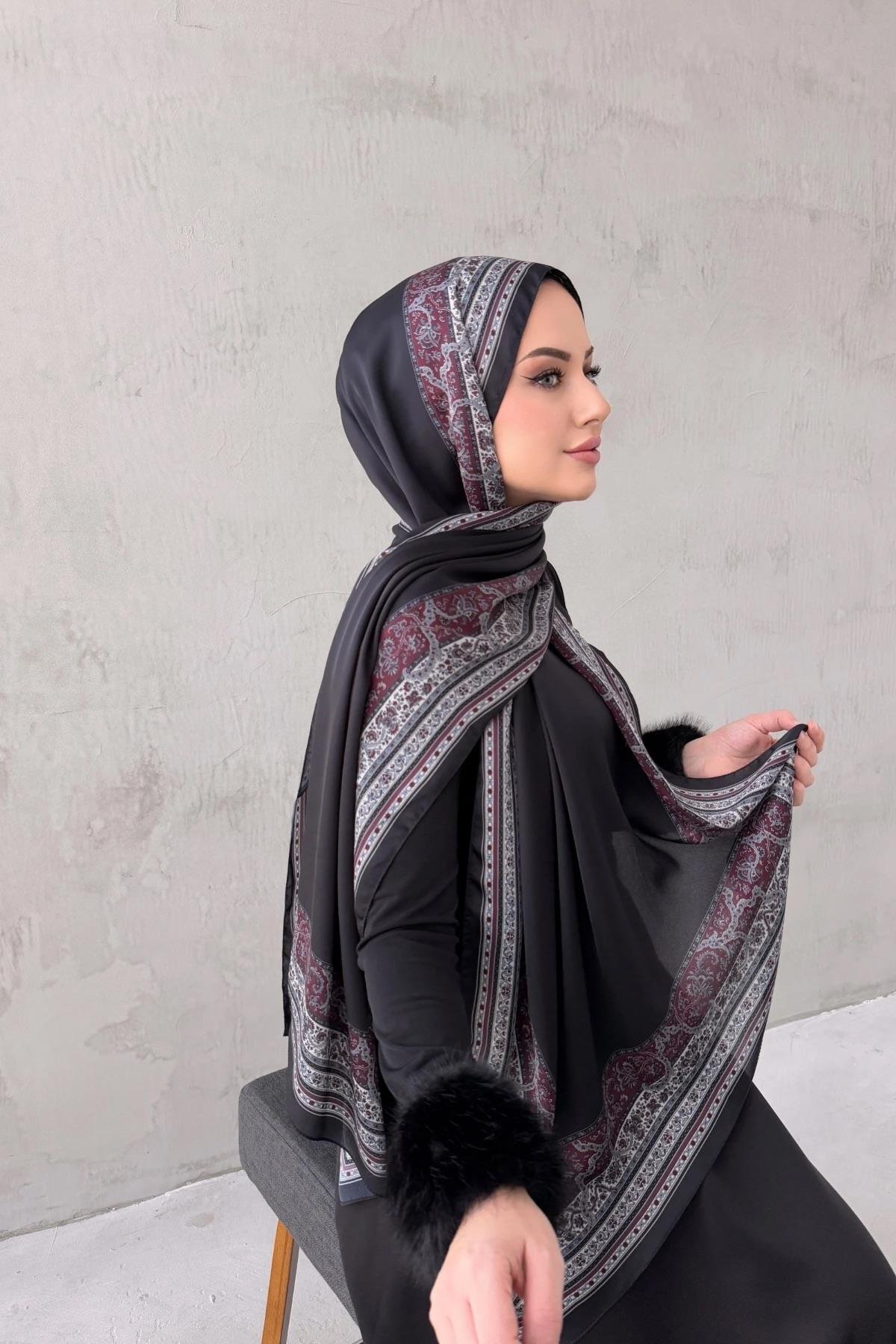 Bordo&Siyah Bohem Kumlu İpek Şal 