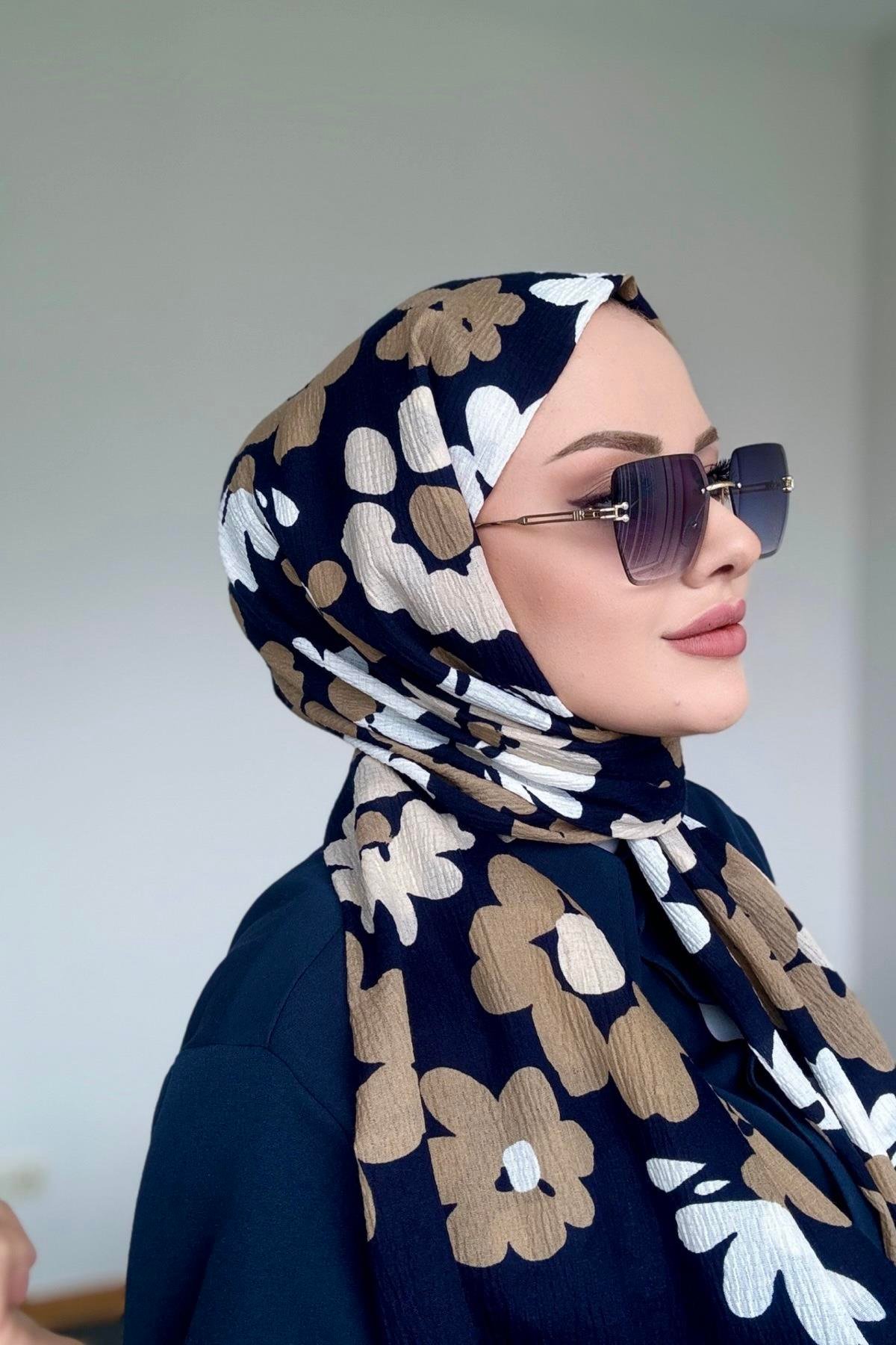 Çiçek Desen Naturel Şal Lacivert