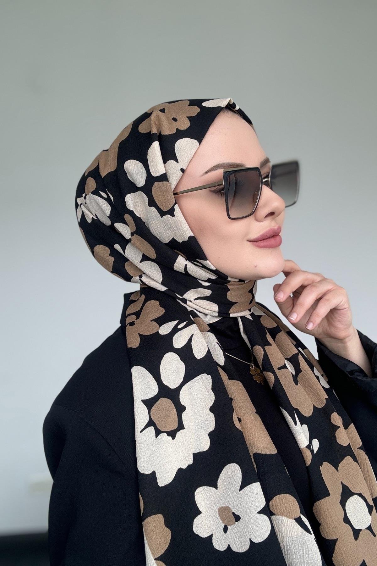 Çiçek Desen Naturel Şal Siyah