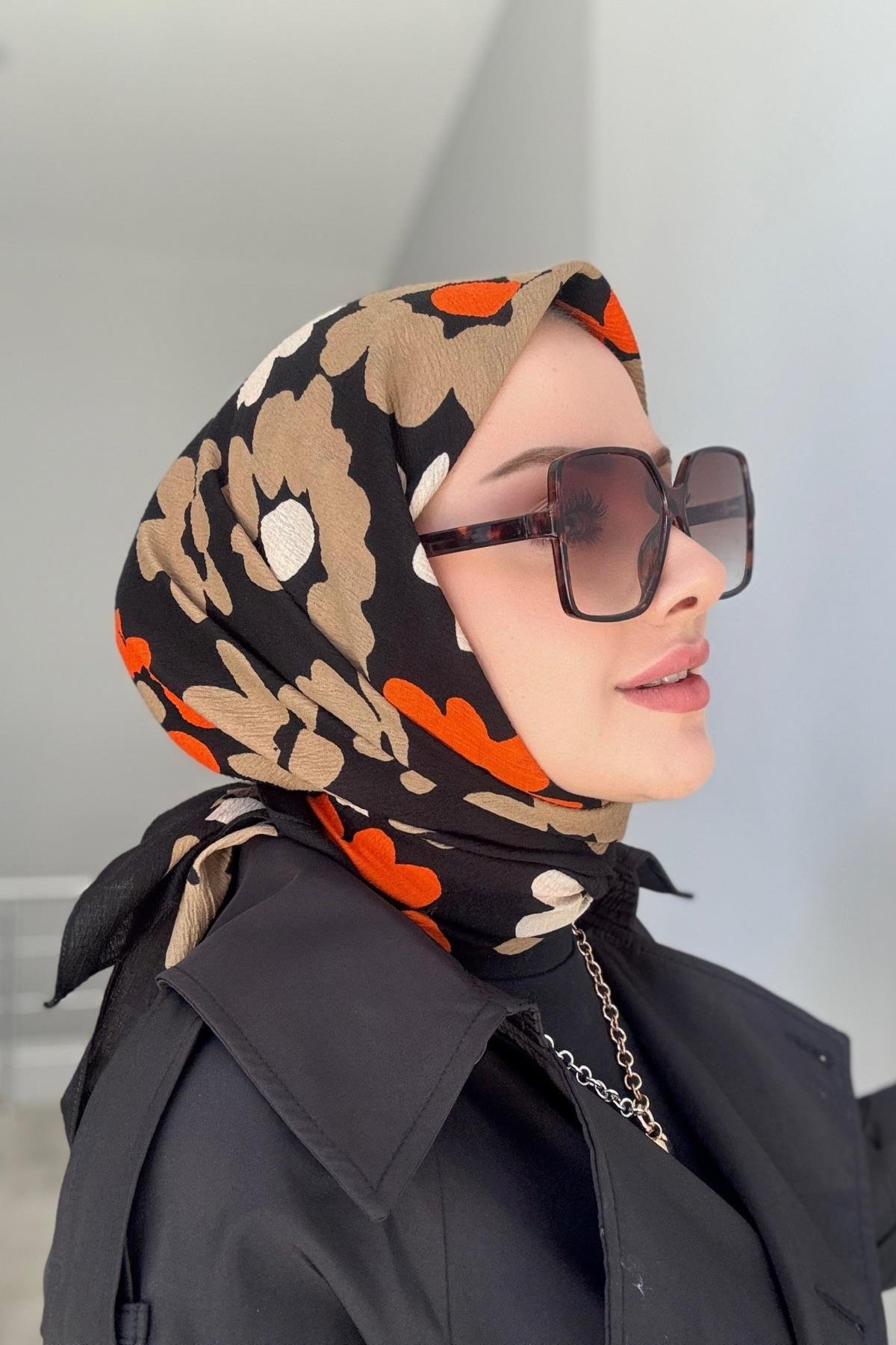 Çiçek Naturel Eşarp Siyah Turuncu