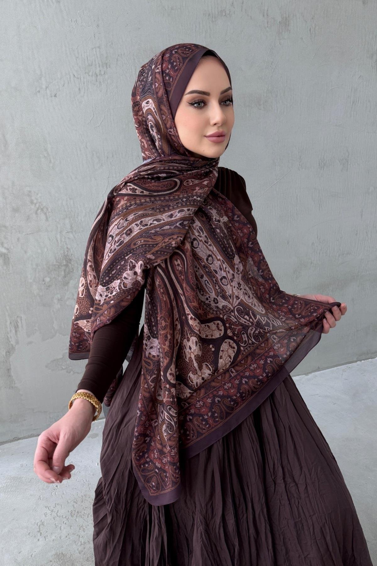 Çikolata Şazeli Bohem Modal İpek Şal