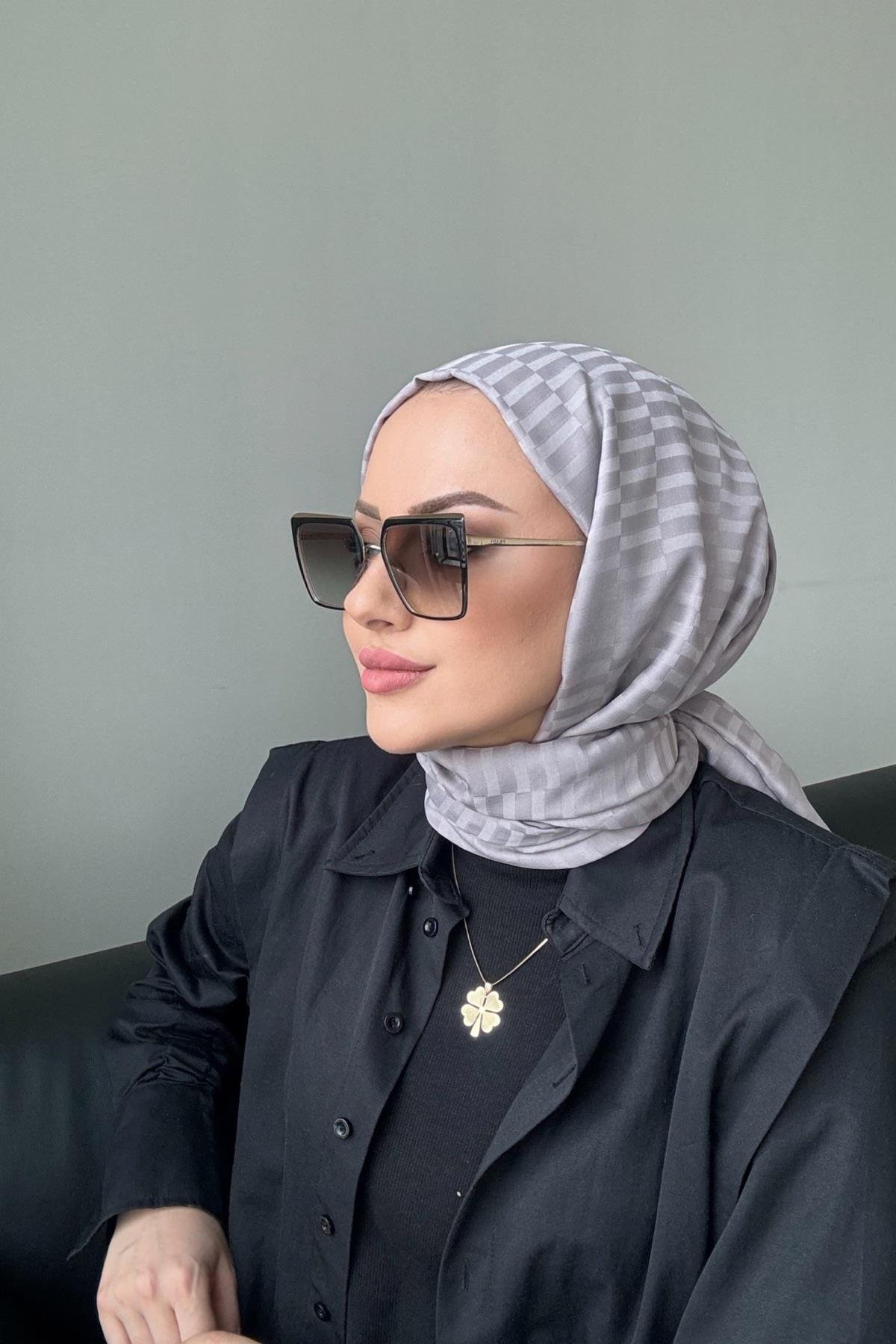 Çizgi Desen İpeksi Jakar Şal Açık Gri