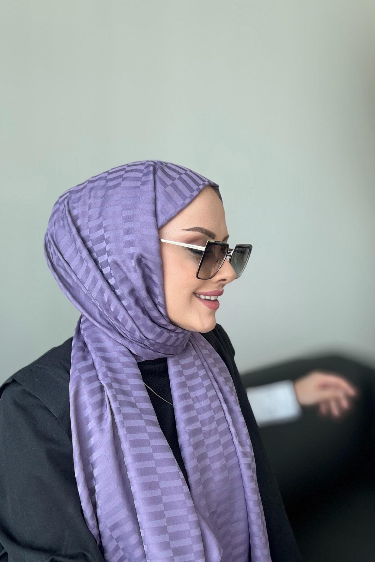 Çizgi Desen İpeksi Jakar Şal Mor